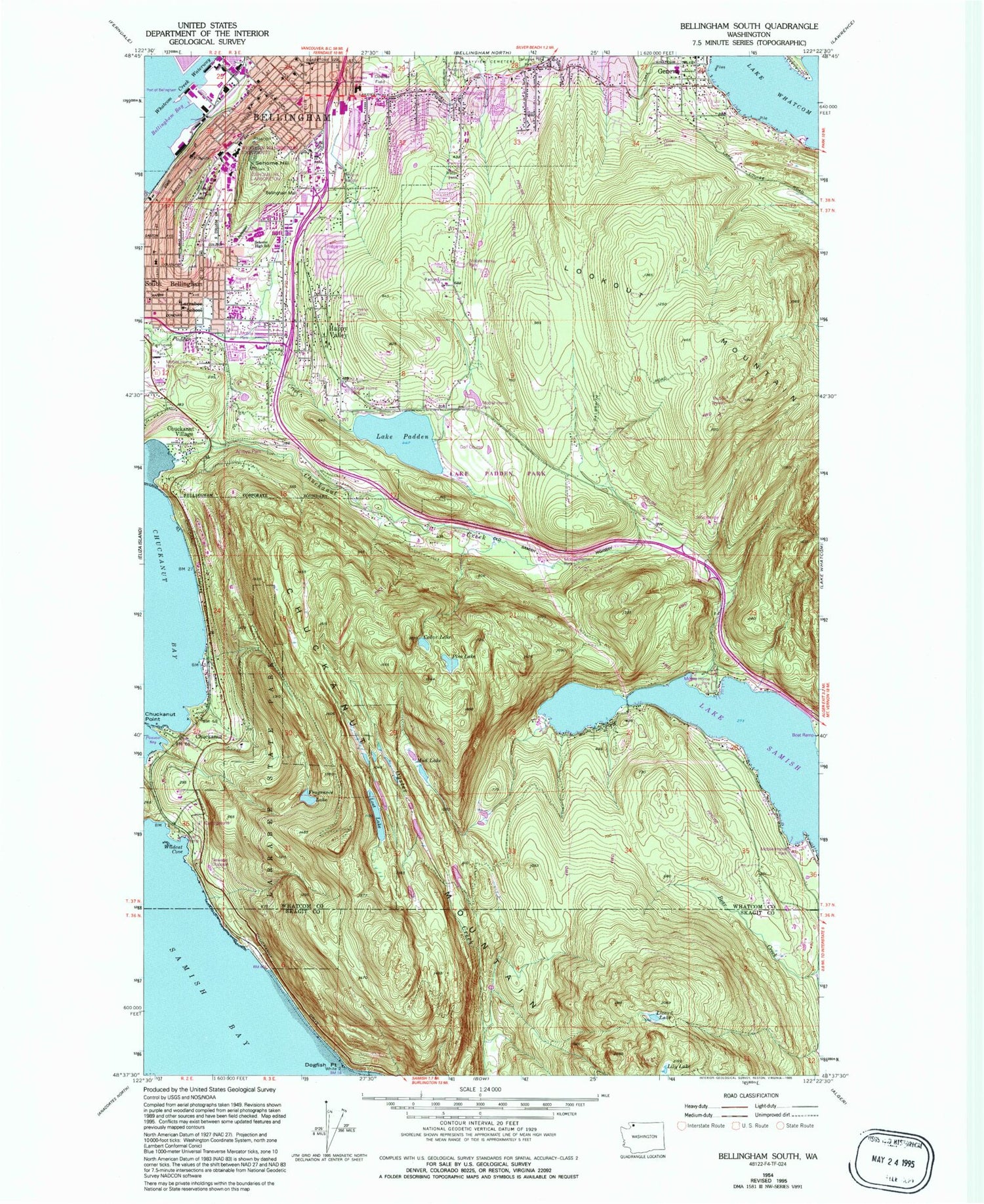 Classic USGS Bellingham South Washington 7.5'x7.5' Topo Map Image