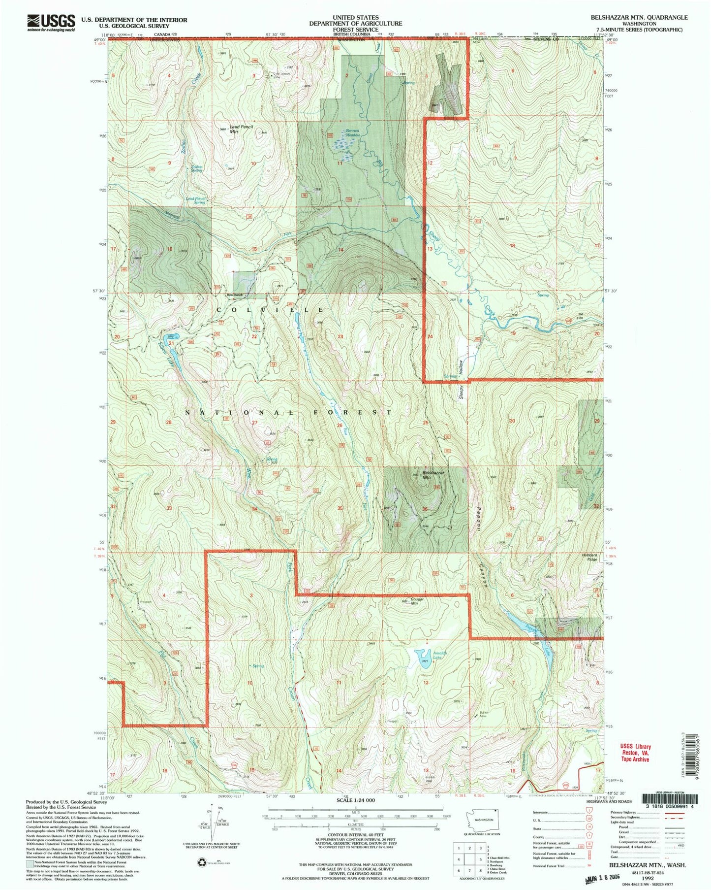 Classic USGS Belshazzar Mountain Washington 7.5'x7.5' Topo Map Image