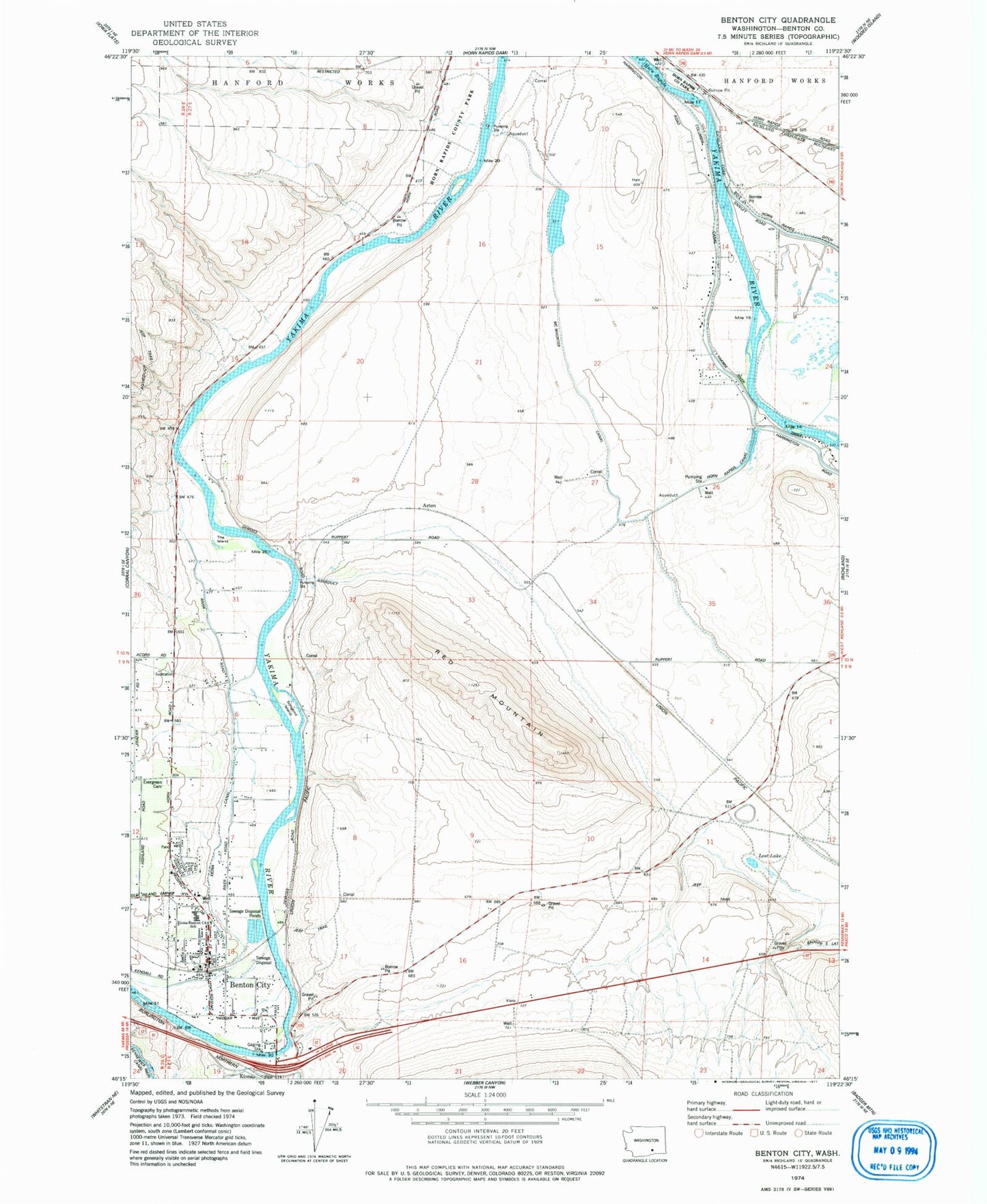 Classic USGS Benton City Washington 7.5'x7.5' Topo Map Image