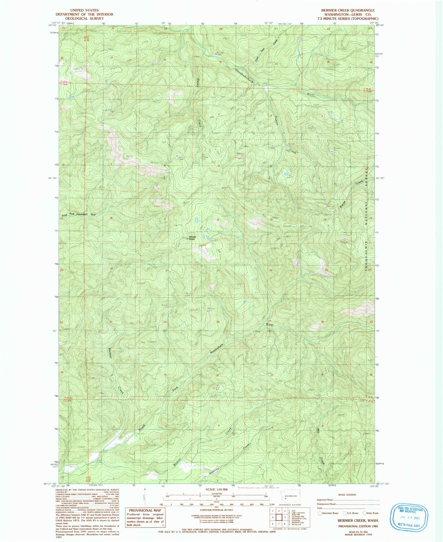 Classic USGS Bernier Creek Washington 7.5'x7.5' Topo Map Image