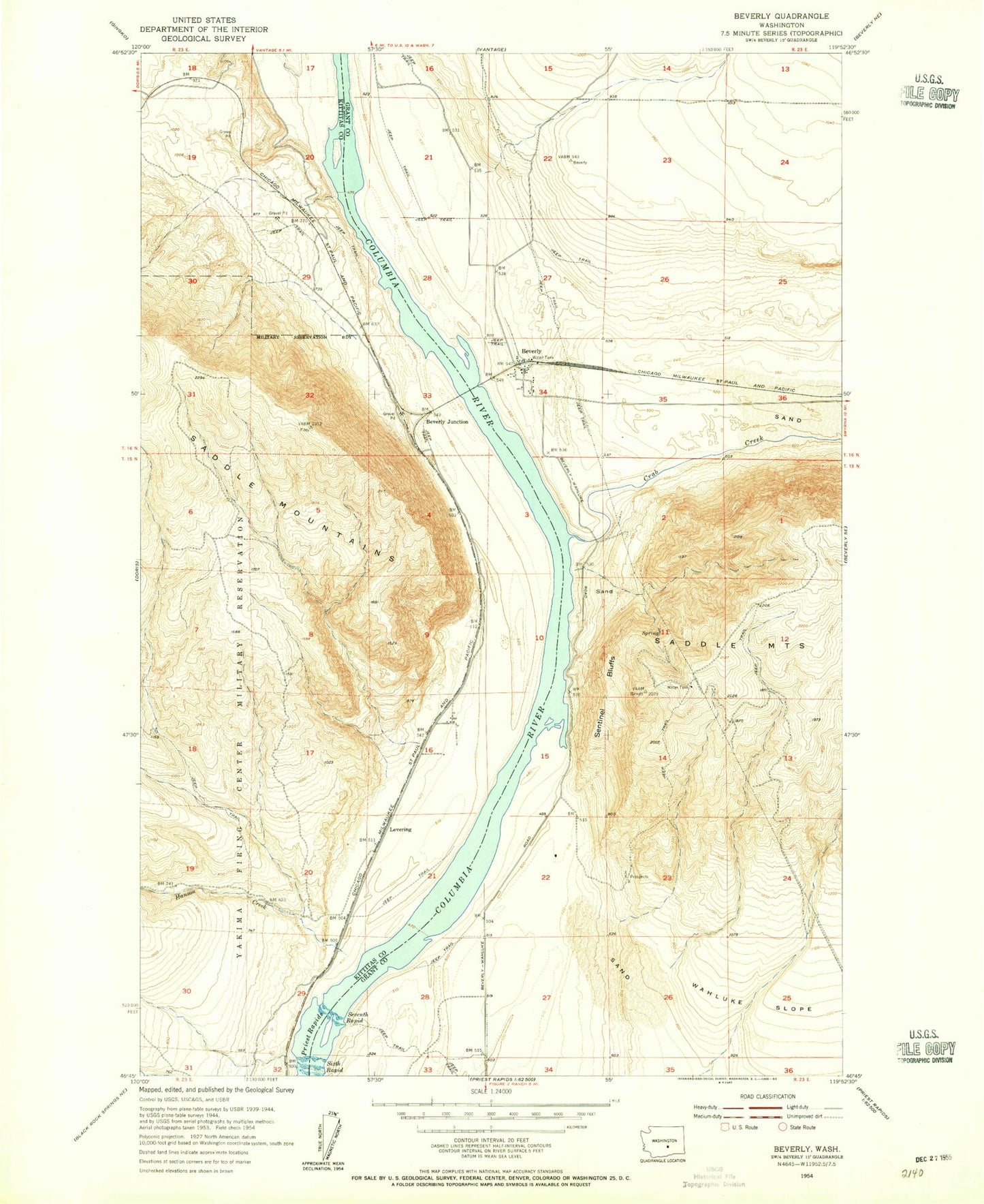 Classic USGS Beverly Washington 7.5'x7.5' Topo Map Image