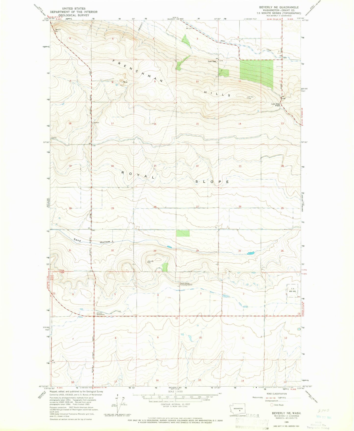 Classic USGS Beverly NE Washington 7.5'x7.5' Topo Map Image