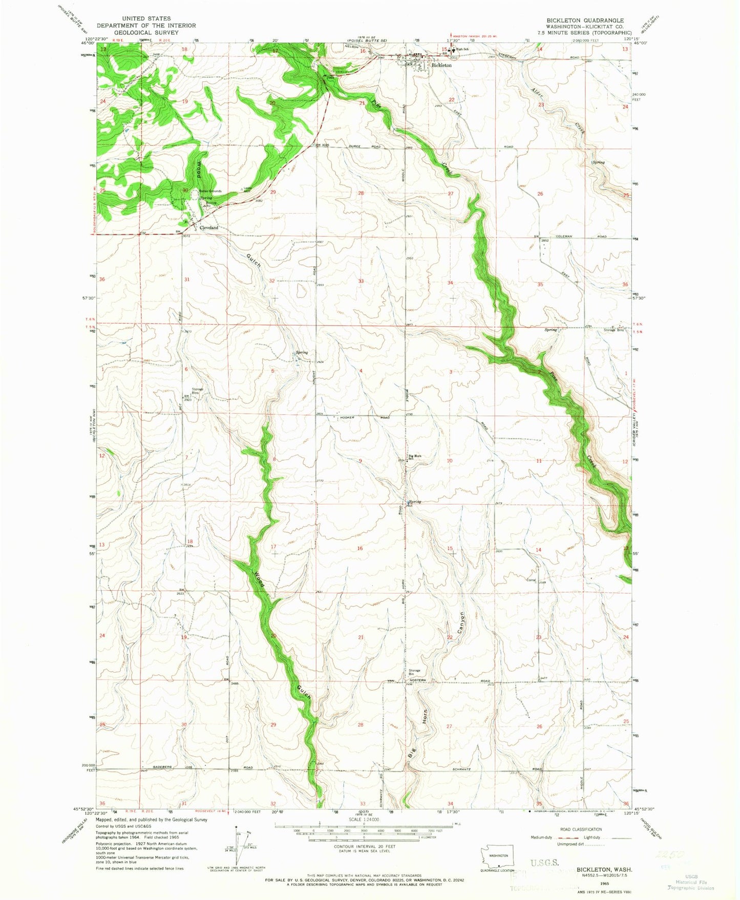 Classic USGS Bickleton Washington 7.5'x7.5' Topo Map Image