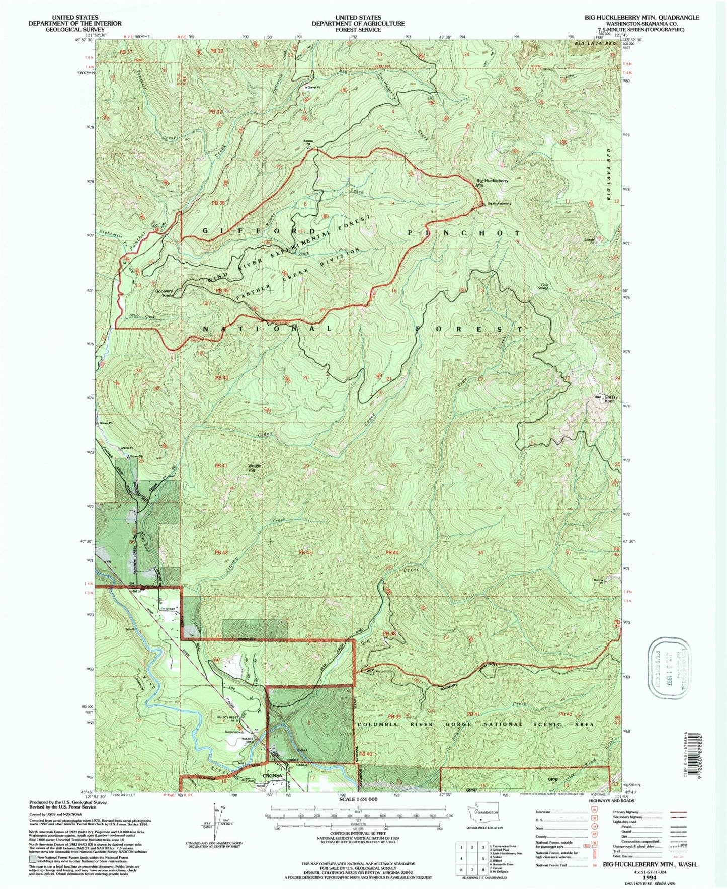 Classic USGS Big Huckleberry Mountain Washington 7.5'x7.5' Topo Map Image