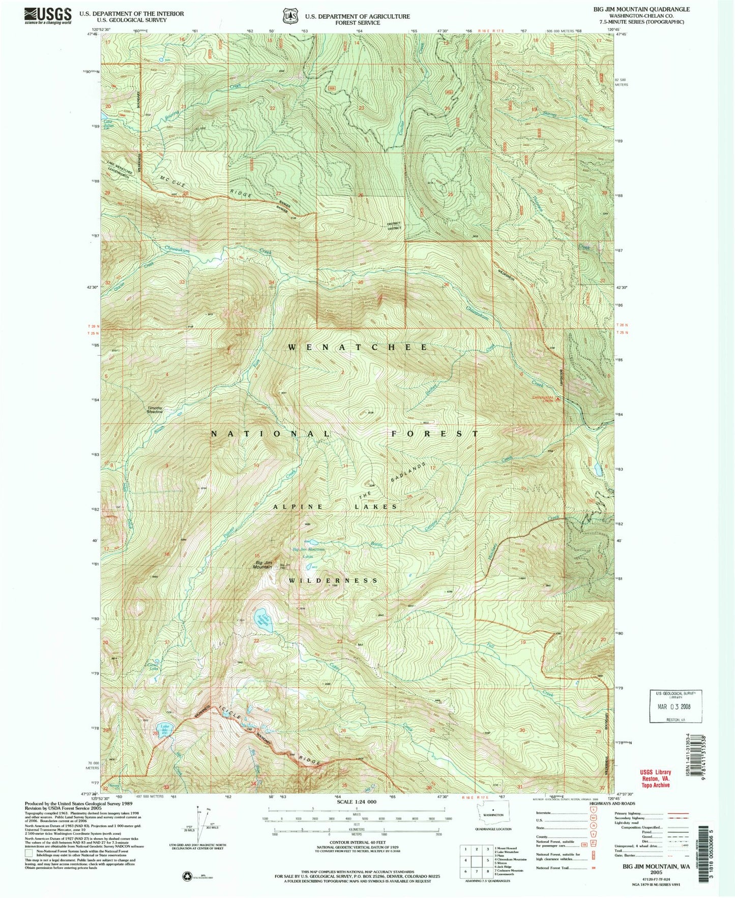 Classic USGS Big Jim Mountain Washington 7.5'x7.5' Topo Map Image