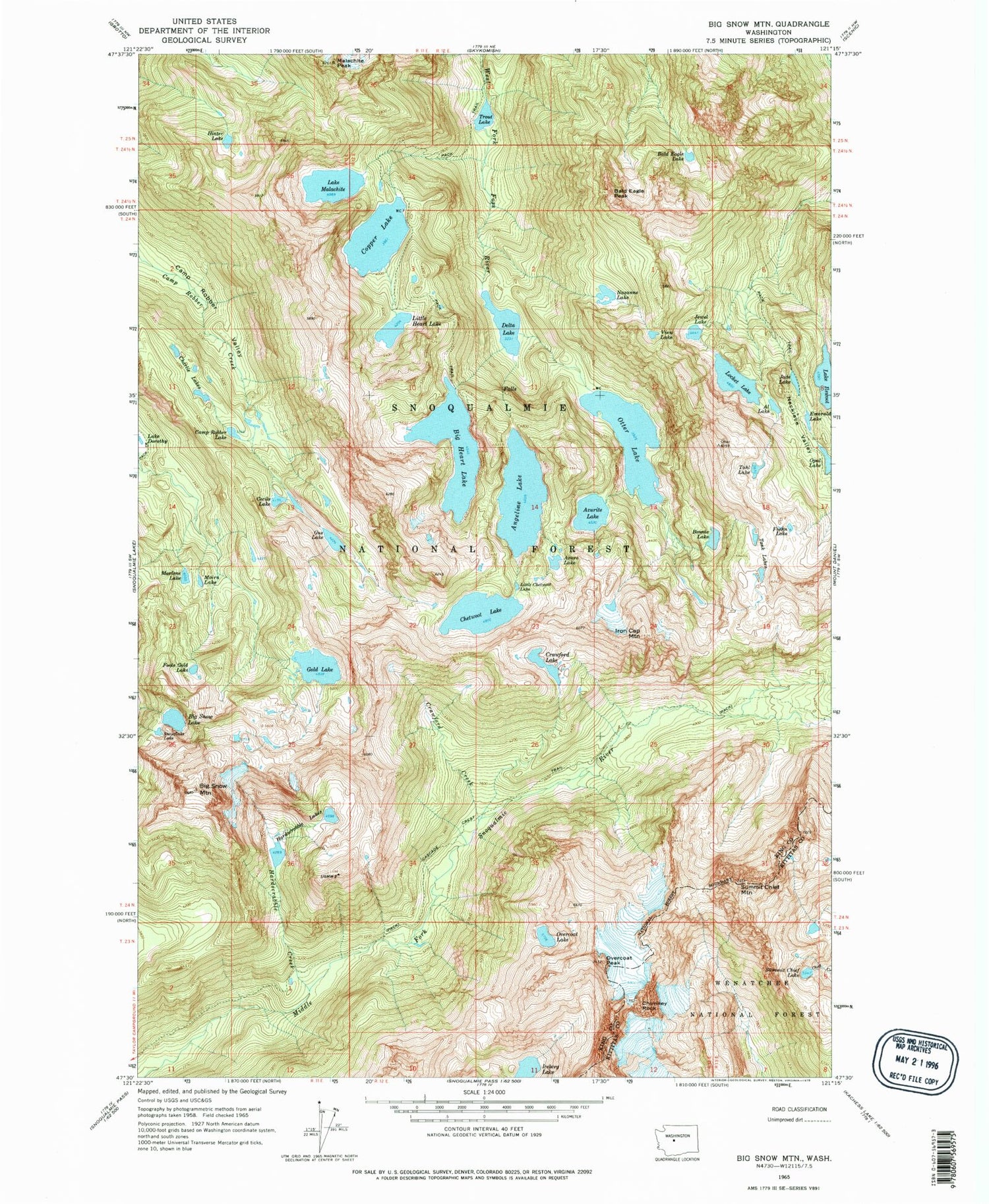 Classic USGS Big Snow Mountain Washington 7.5'x7.5' Topo Map Image