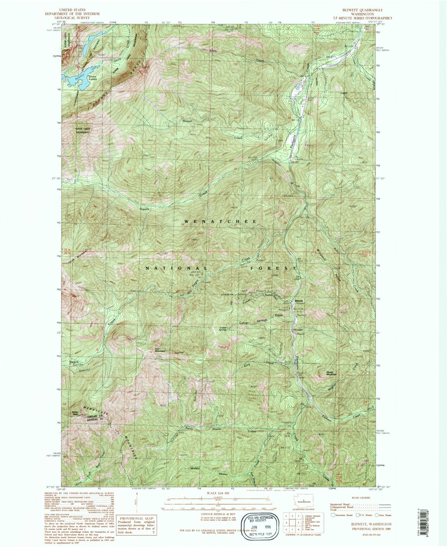 Classic USGS Blewett Washington 7.5'x7.5' Topo Map Image