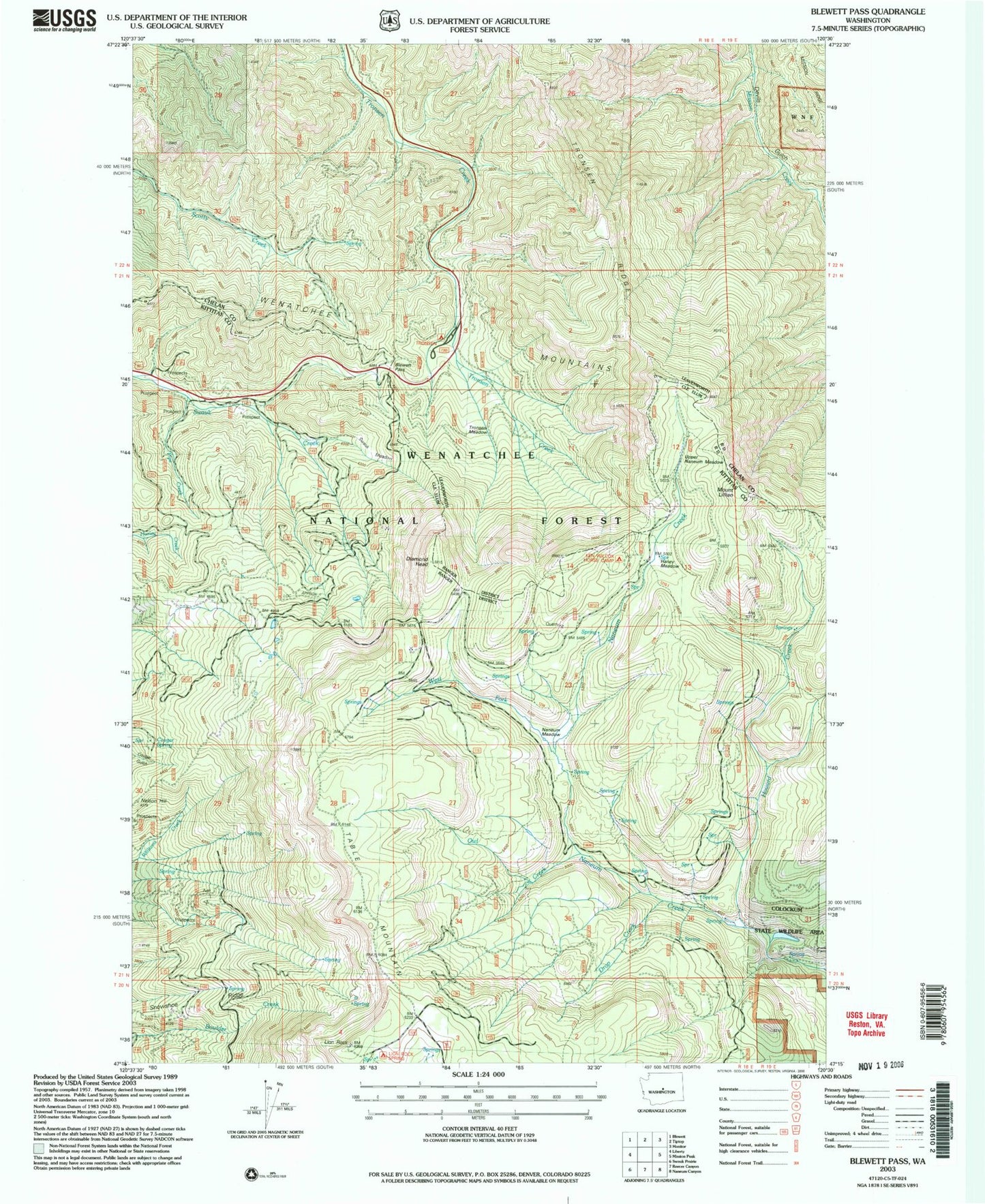 Classic USGS Blewett Pass Washington 7.5'x7.5' Topo Map Image