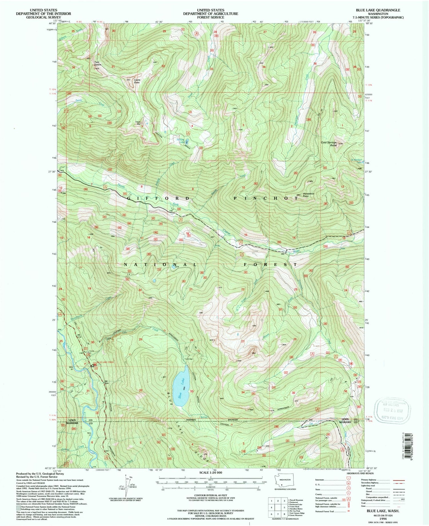 Classic USGS Blue Lake Washington 7.5'x7.5' Topo Map Image