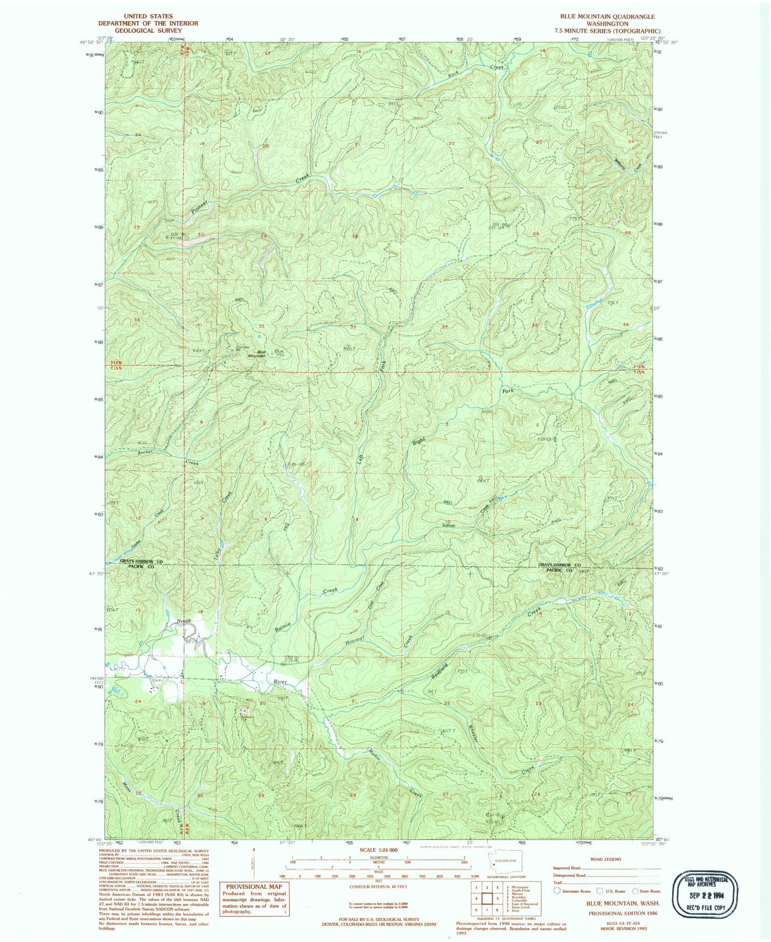 Classic USGS Blue Mountain Washington 7.5'x7.5' Topo Map Image