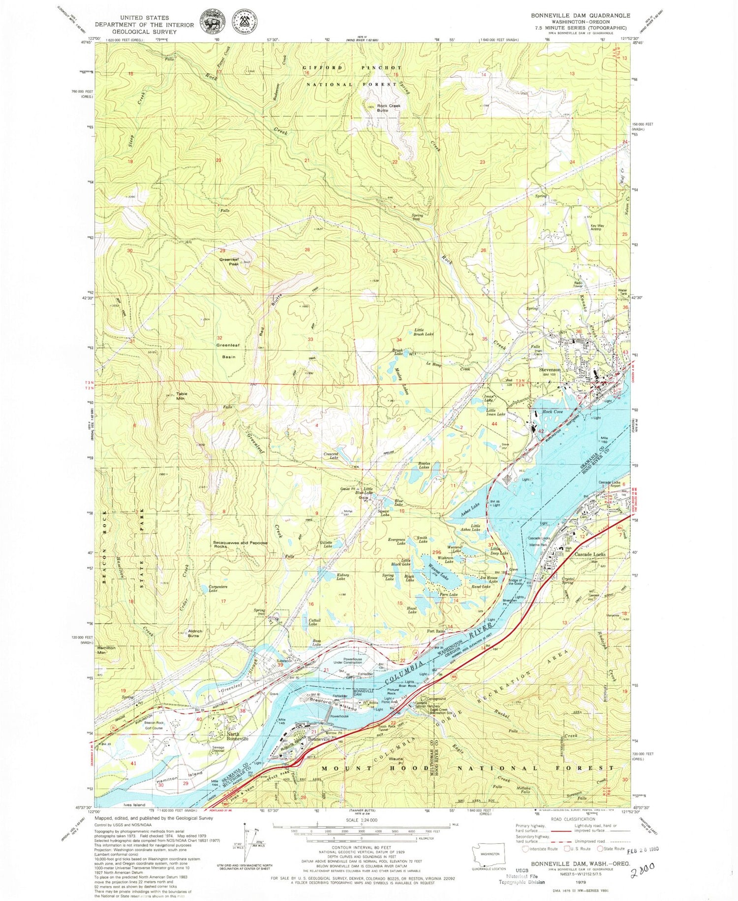 Classic USGS Bonneville Dam Oregon 7.5'x7.5' Topo Map Image