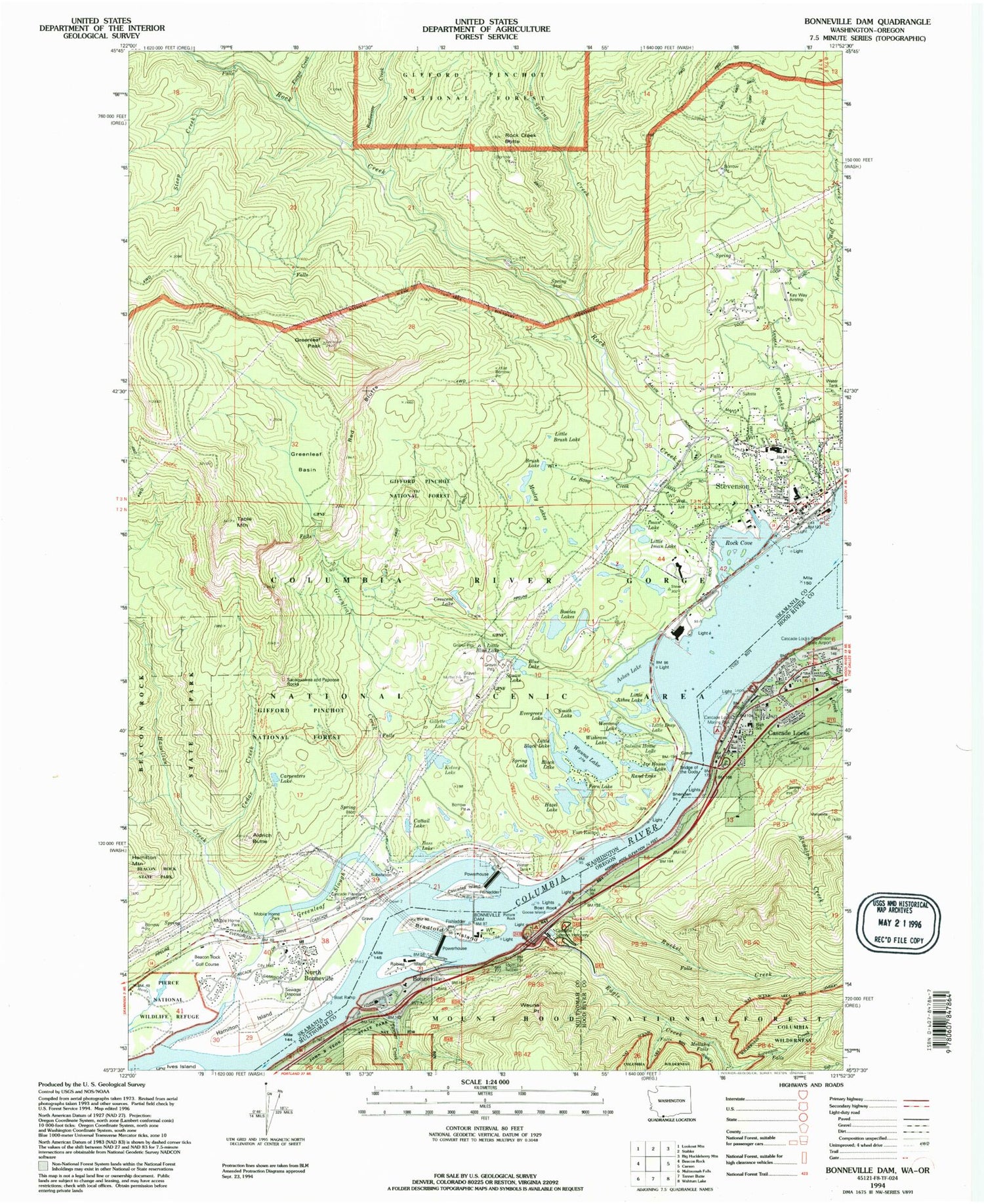 Classic USGS Bonneville Dam Oregon 7.5'x7.5' Topo Map Image