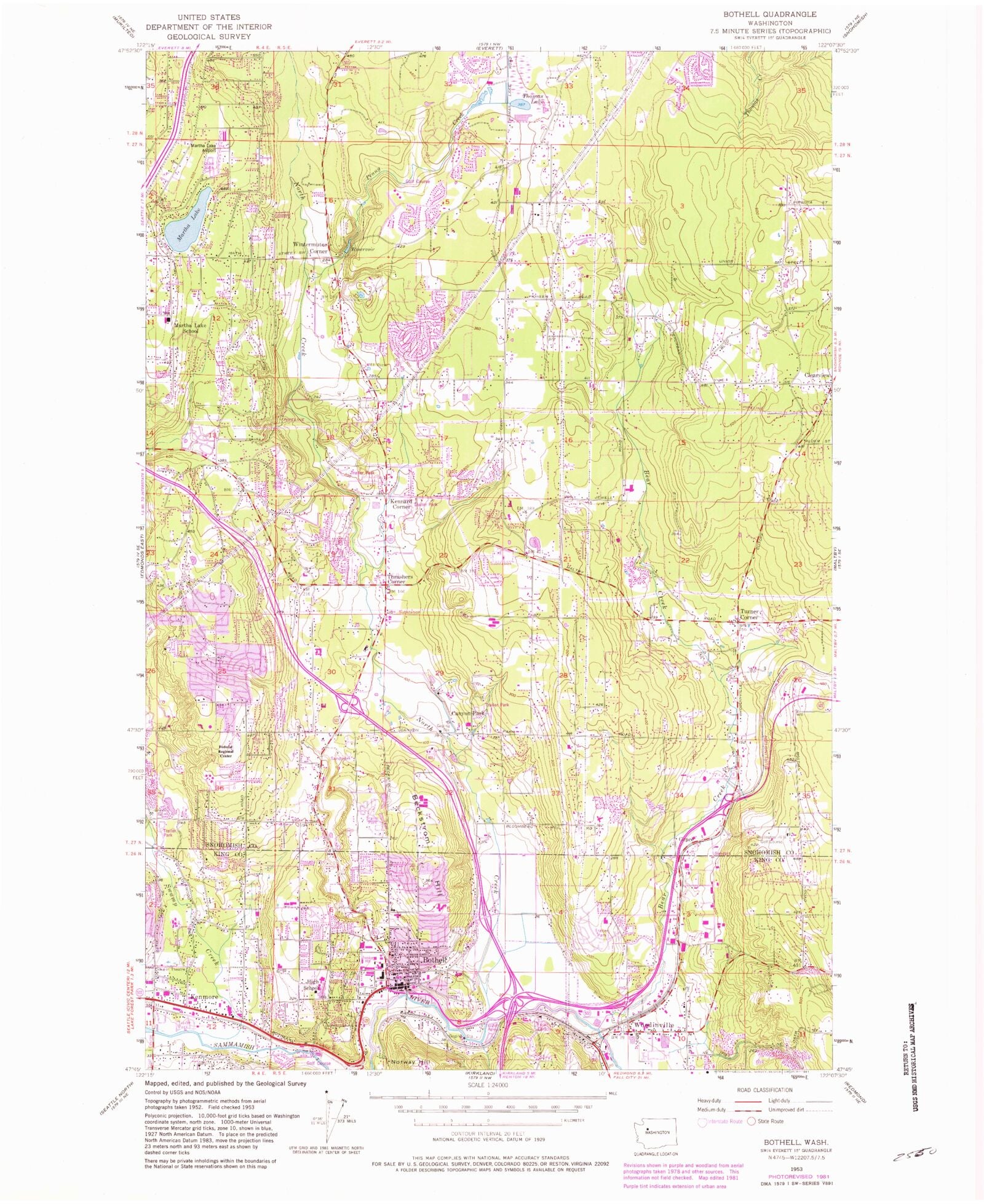 Classic USGS Bothell Washington 7.5'x7.5' Topo Map – MyTopo Map Store