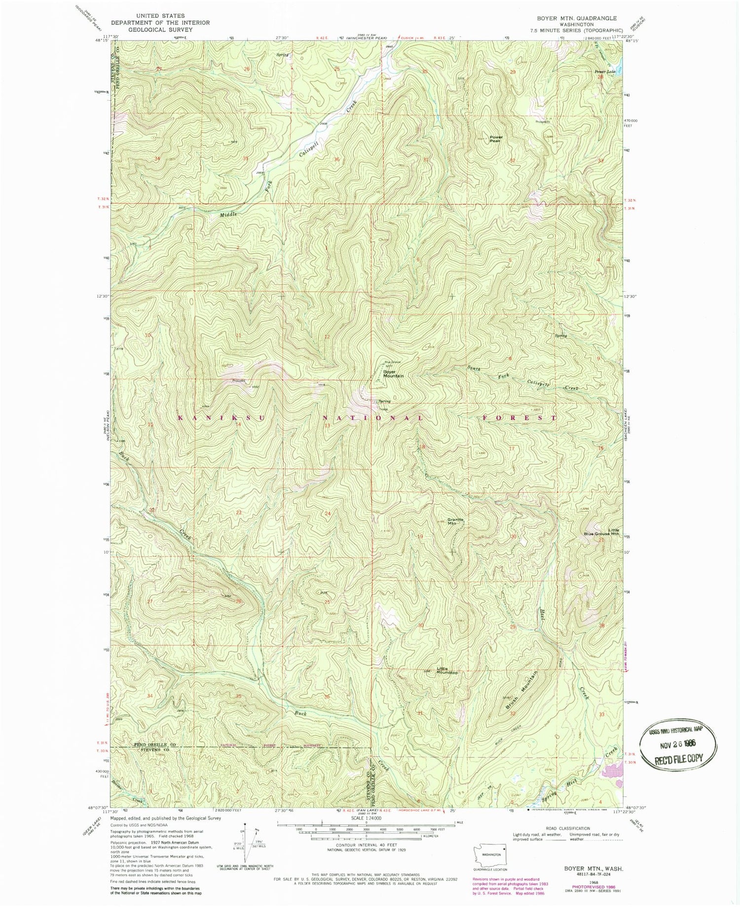 Classic USGS Boyer Mountain Washington 7.5'x7.5' Topo Map Image