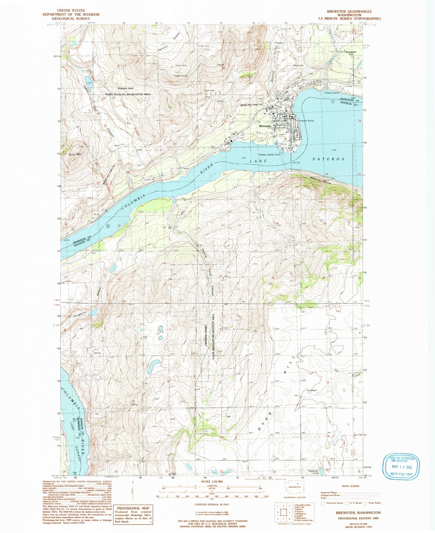 Classic USGS Brewster Washington 7.5'x7.5' Topo Map Image