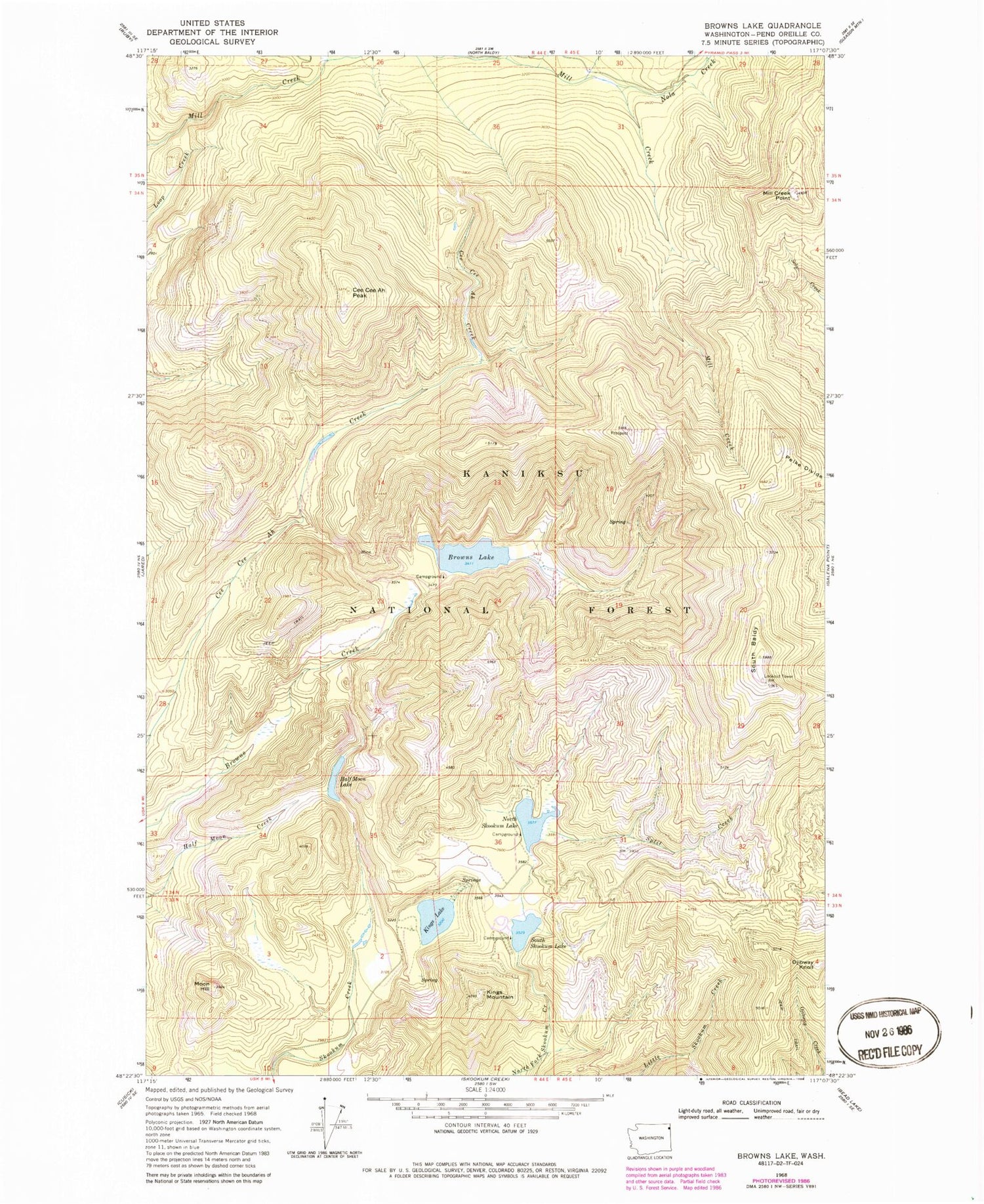 Classic USGS Browns Lake Washington 7.5'x7.5' Topo Map Image