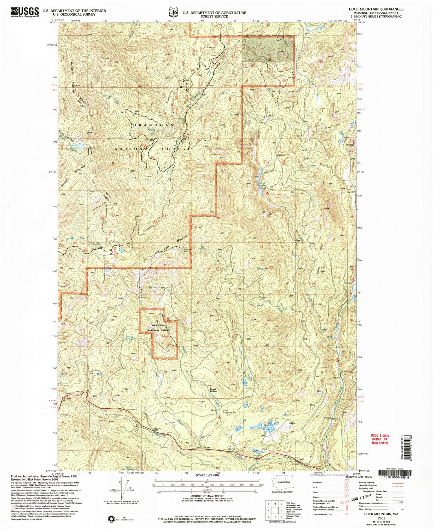 Classic USGS Buck Mountain Washington 7.5'x7.5' Topo Map Image