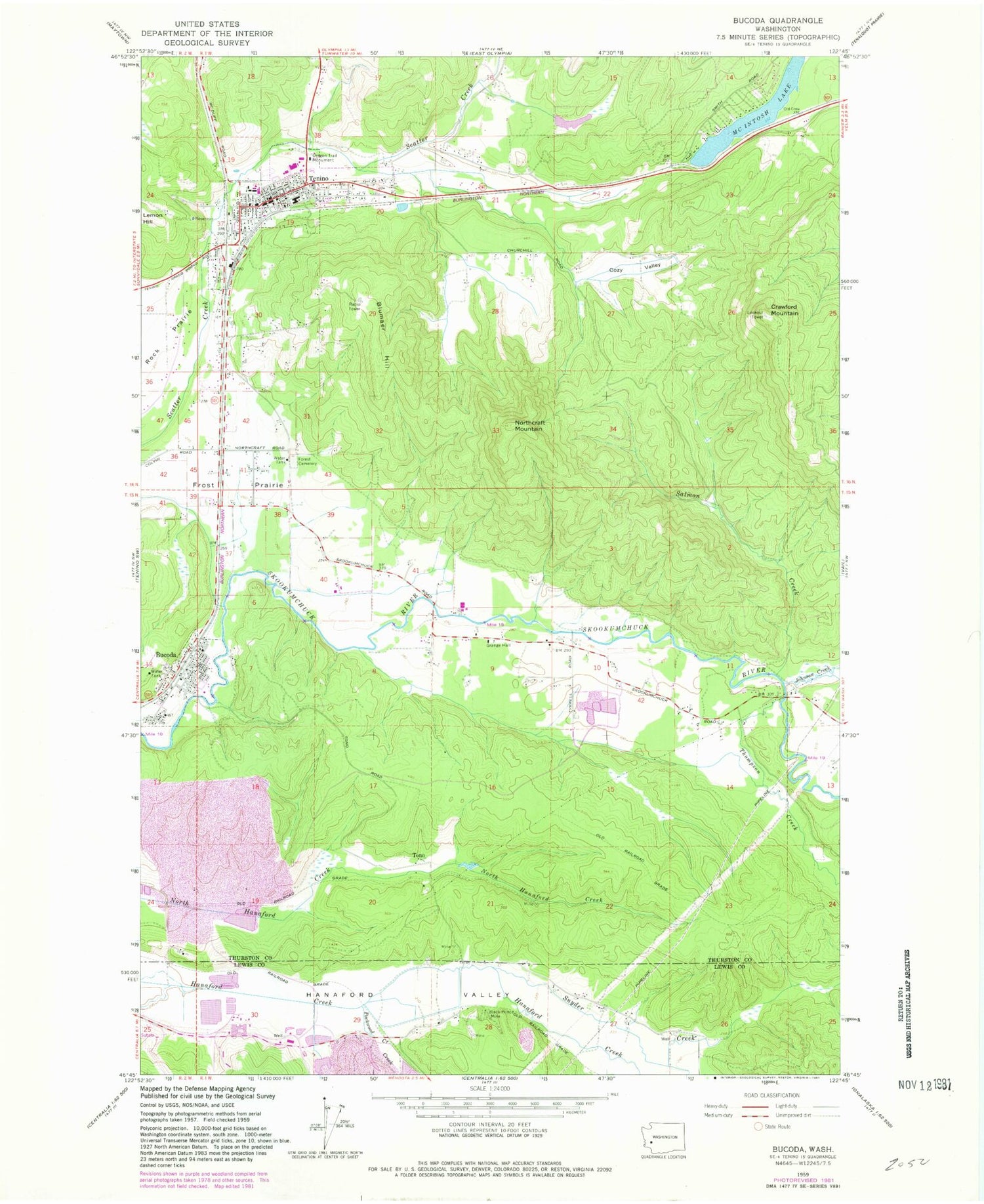 Classic USGS Bucoda Washington 7.5'x7.5' Topo Map Image