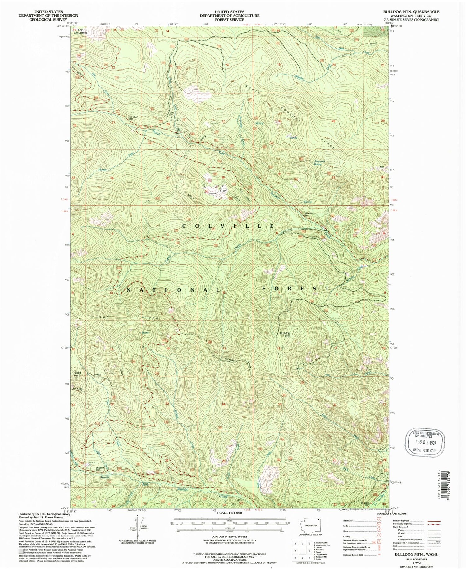 Classic USGS Bulldog Mountain Washington 7.5'x7.5' Topo Map Image