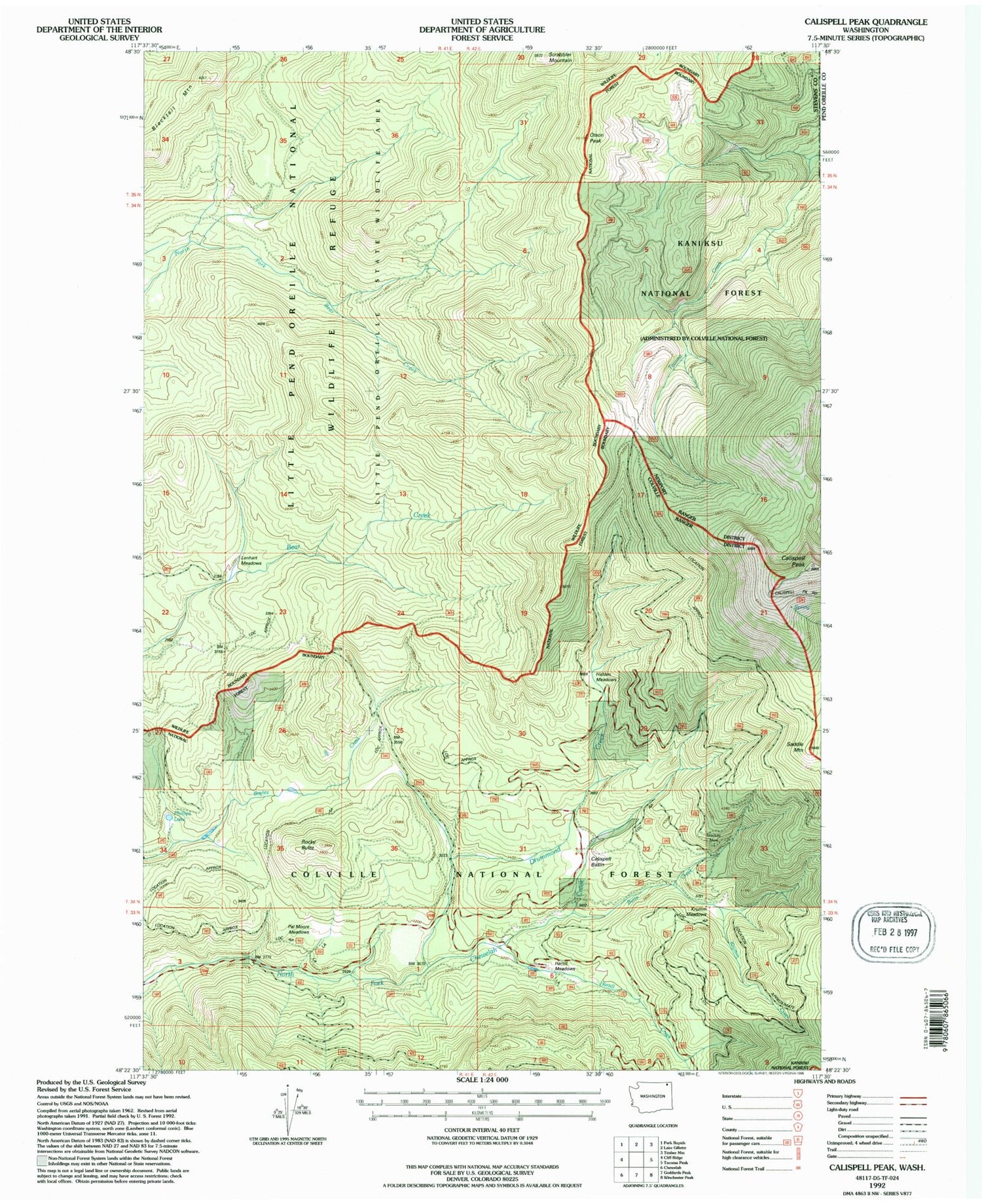 Classic USGS Calispell Peak Washington 7.5'x7.5' Topo Map Image