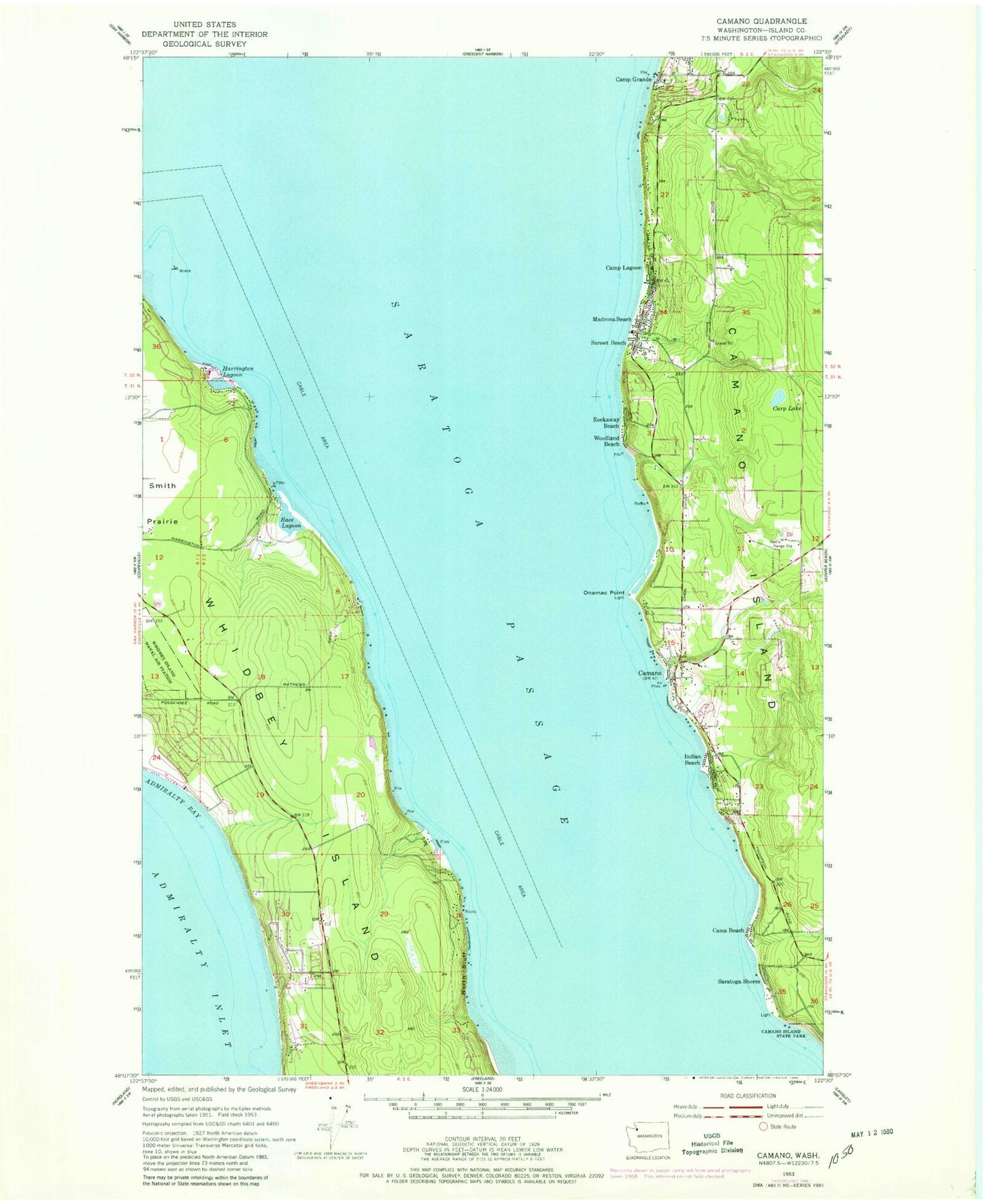 Classic USGS Camano Washington 7.5'x7.5' Topo Map Image