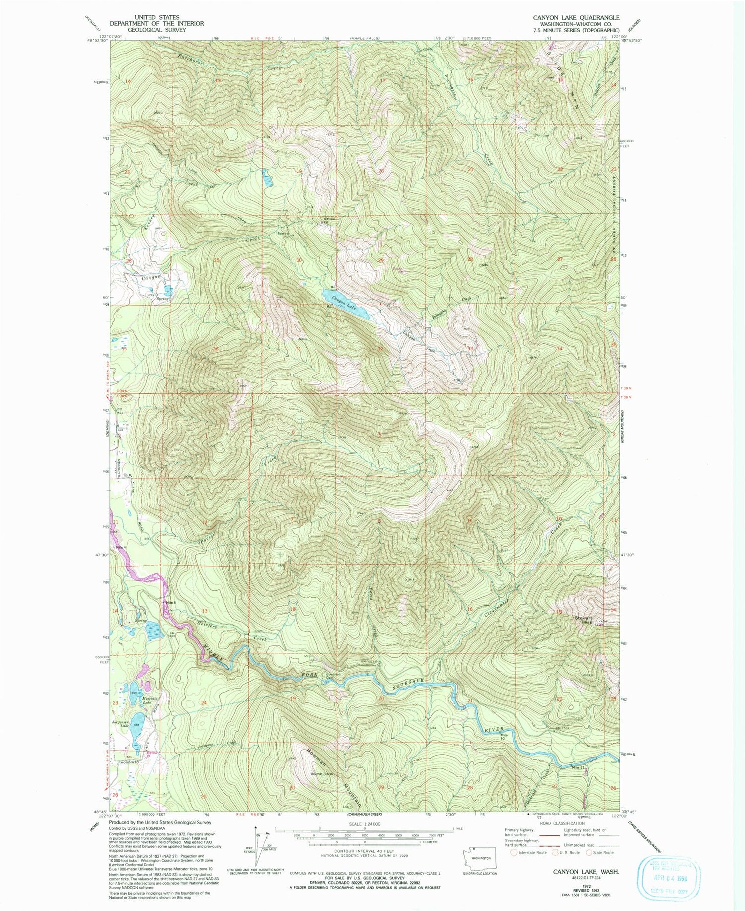 Classic USGS Canyon Lake Washington 7.5'x7.5' Topo Map Image