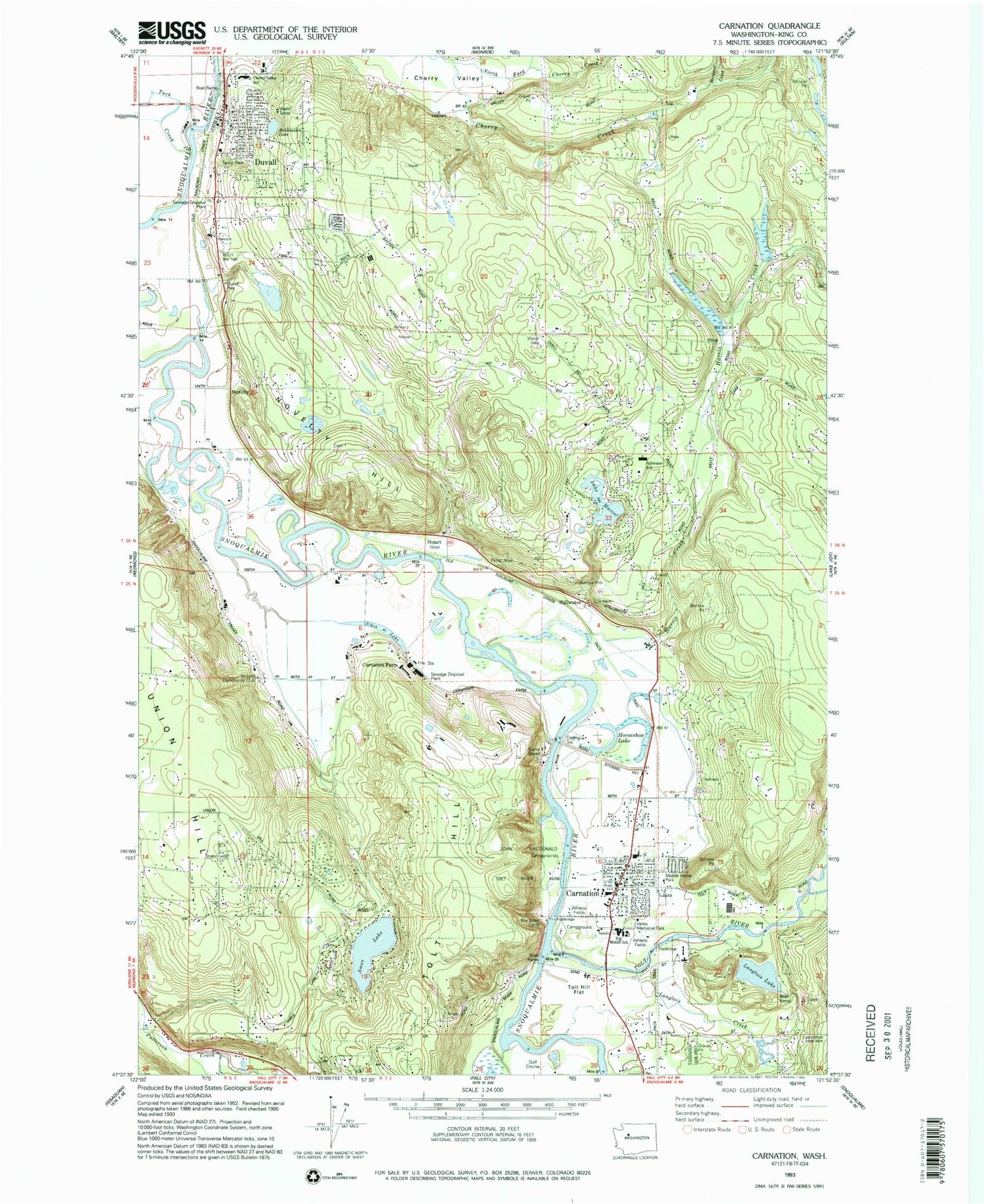 Classic USGS Carnation Washington 7.5'x7.5' Topo Map Image