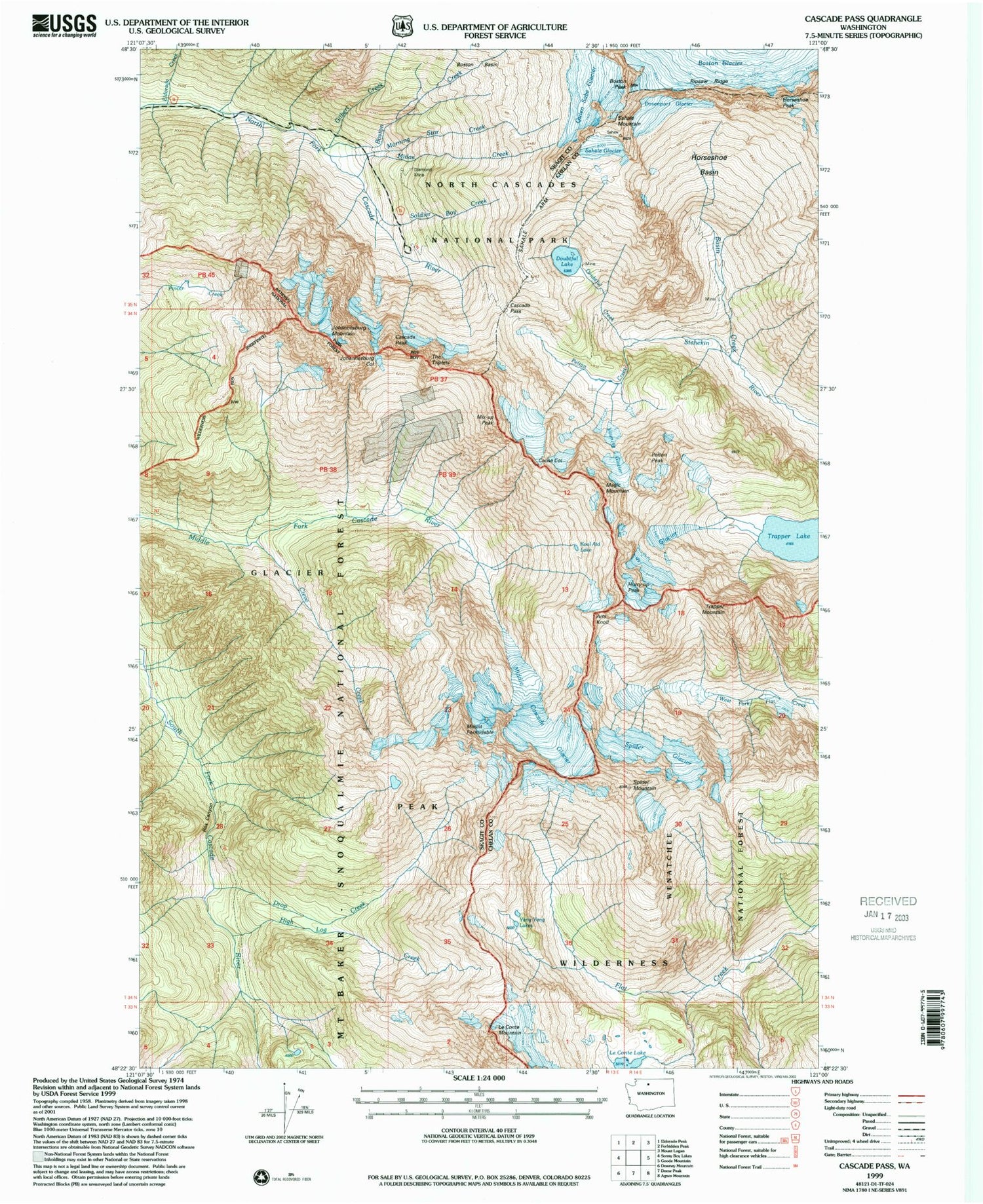 USGS Classic Cascade Pass Washington 7.5'x7.5' Topo Map Image