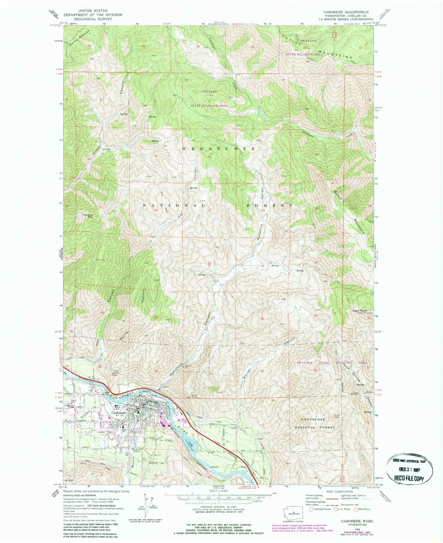 Classic USGS Cashmere Washington 7.5'x7.5' Topo Map Image