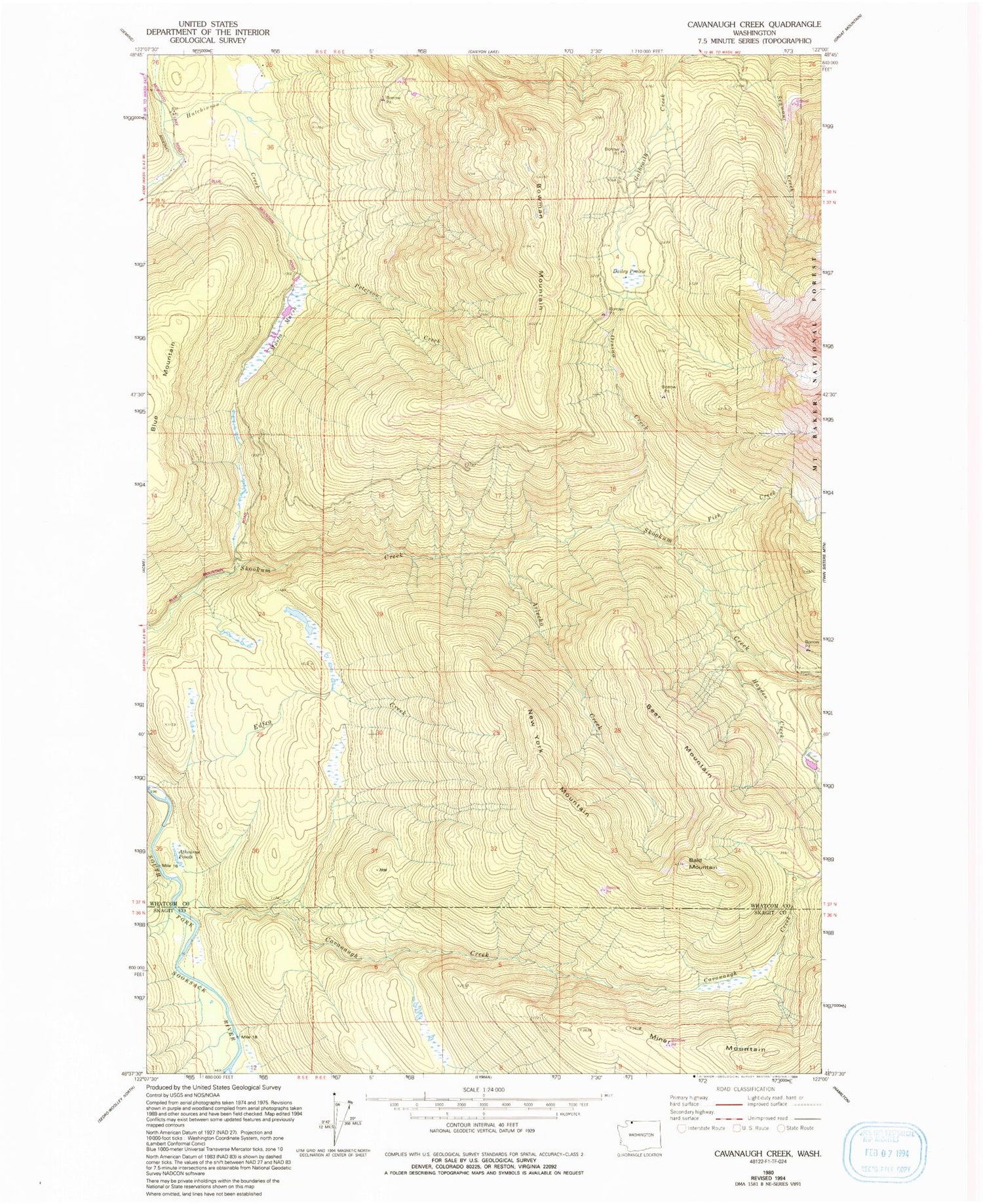 Classic USGS Cavanaugh Creek Washington 7.5'x7.5' Topo Map Image