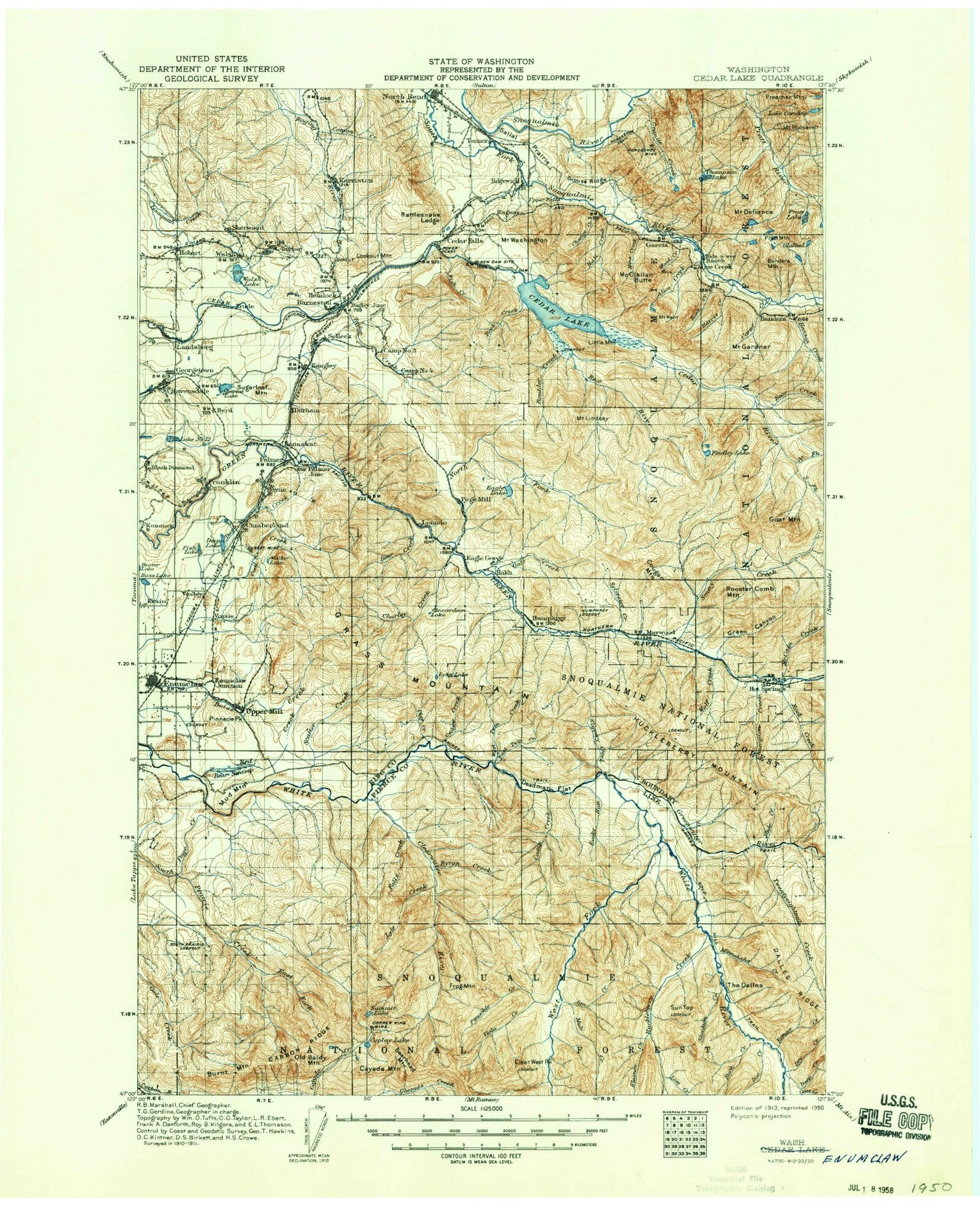 Historic 1913 Enumclaw Washington 30'x30' Topo Map Image