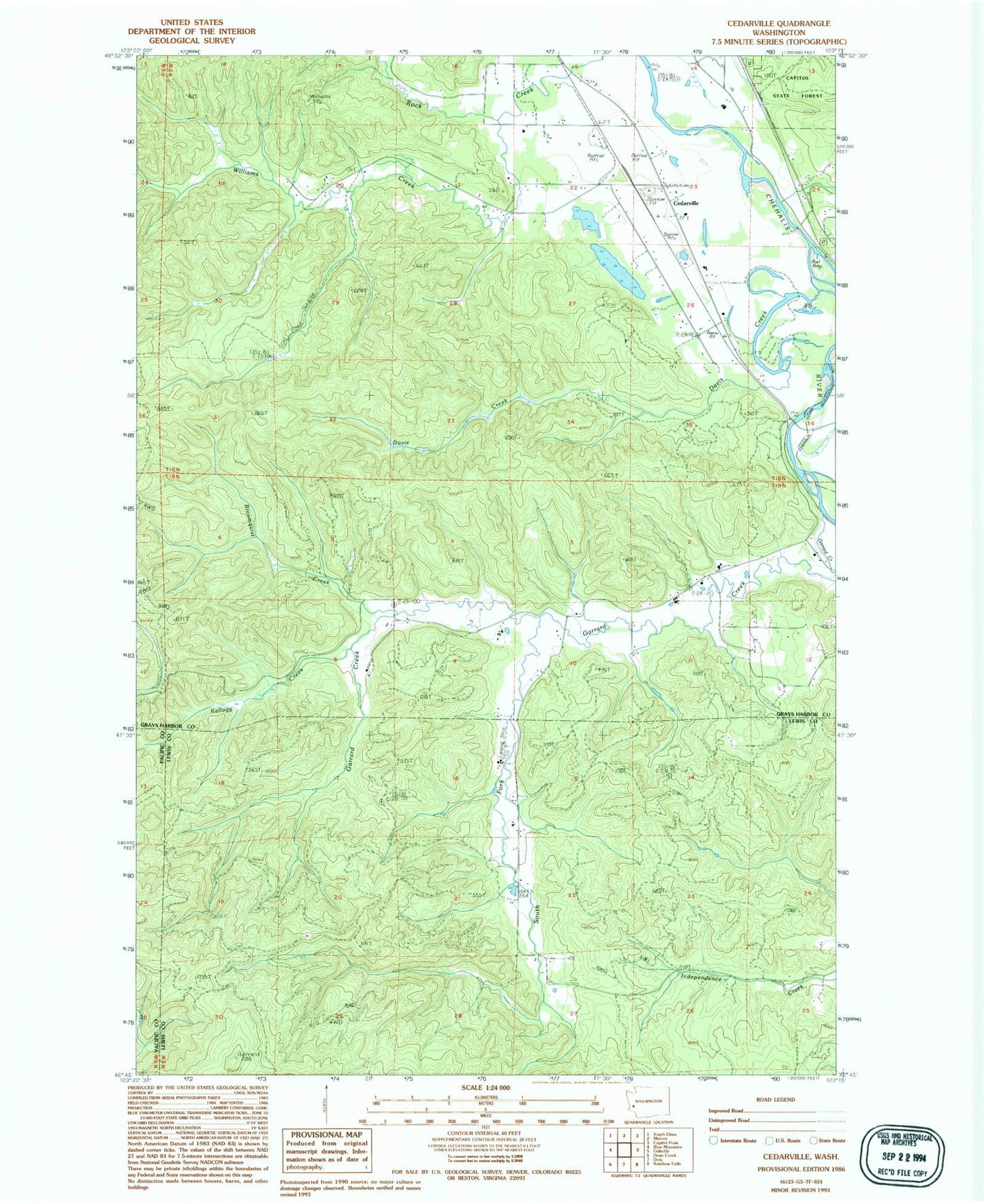 Classic USGS Cedarville Washington 7.5'x7.5' Topo Map Image