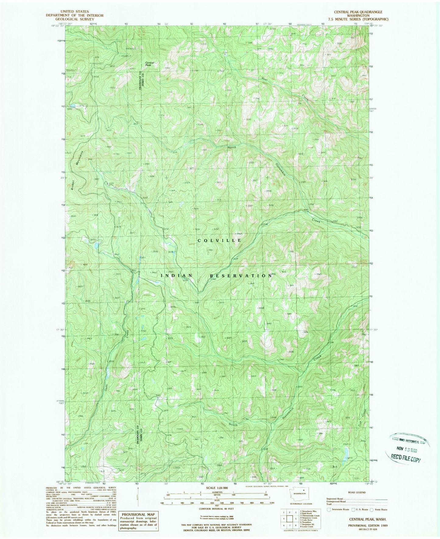 Classic USGS Central Peak Washington 7.5'x7.5' Topo Map Image