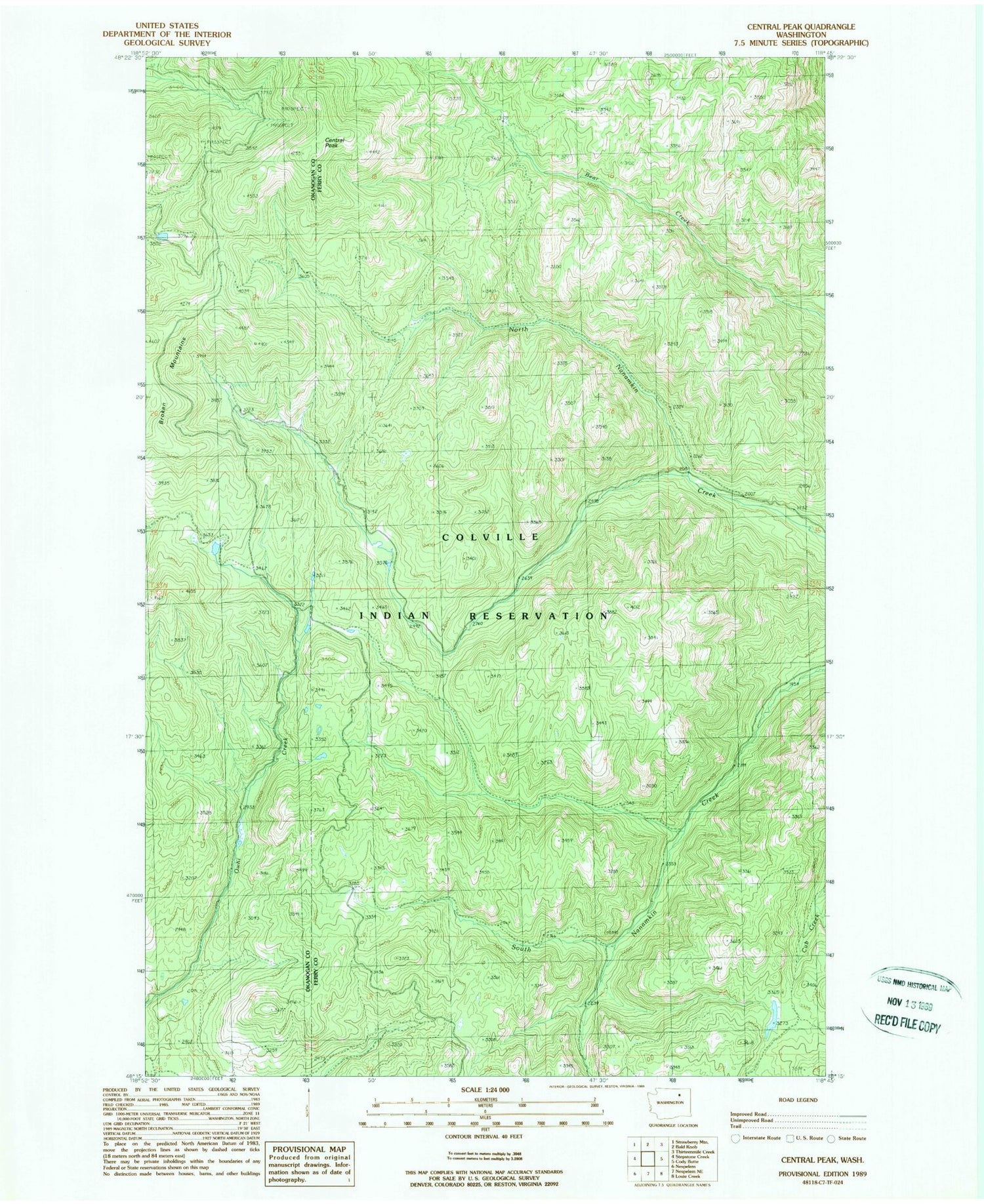 Classic USGS Central Peak Washington 7.5'x7.5' Topo Map Image