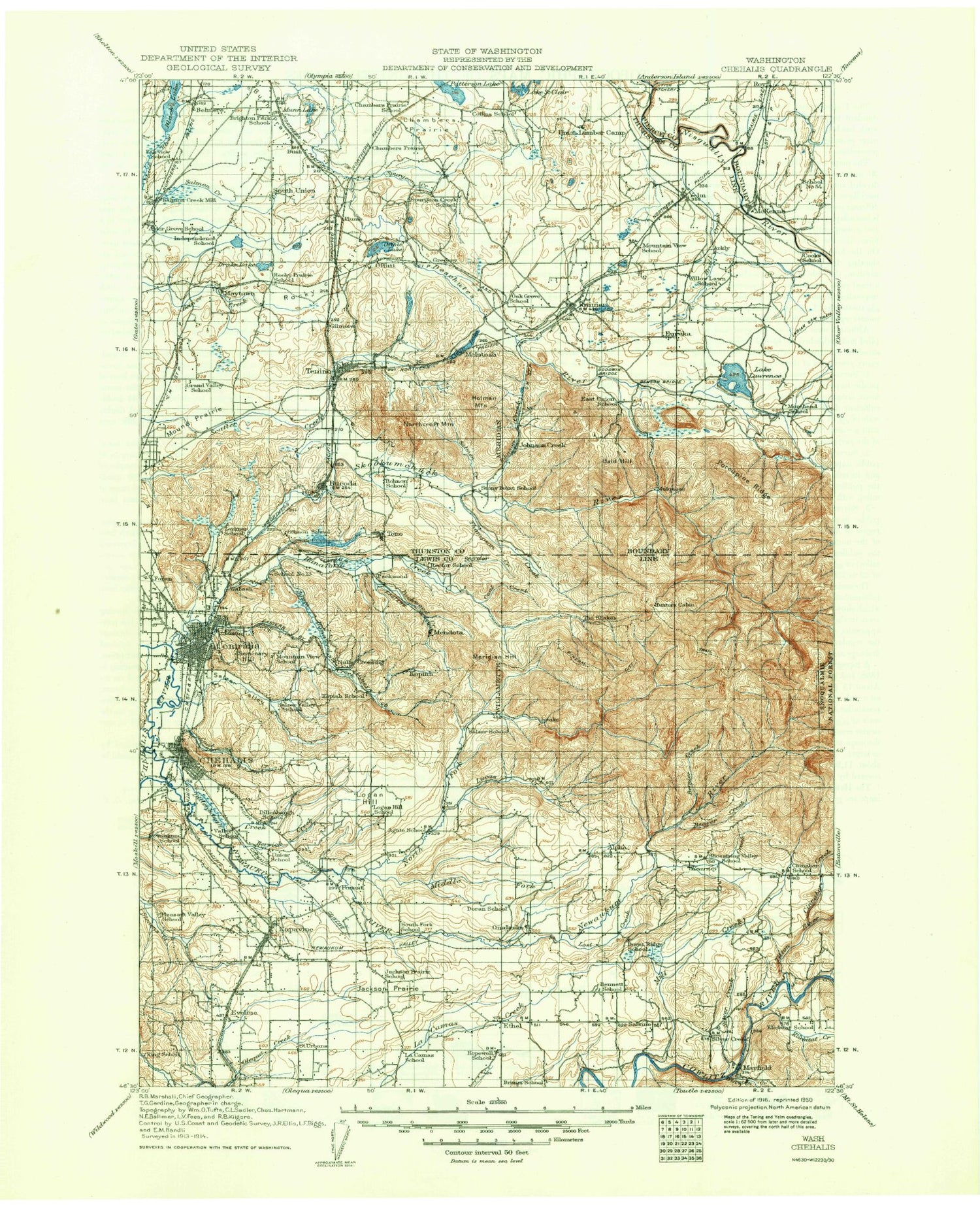 Historic 1916 Chehalis Washington 30'x30' Topo Map Image