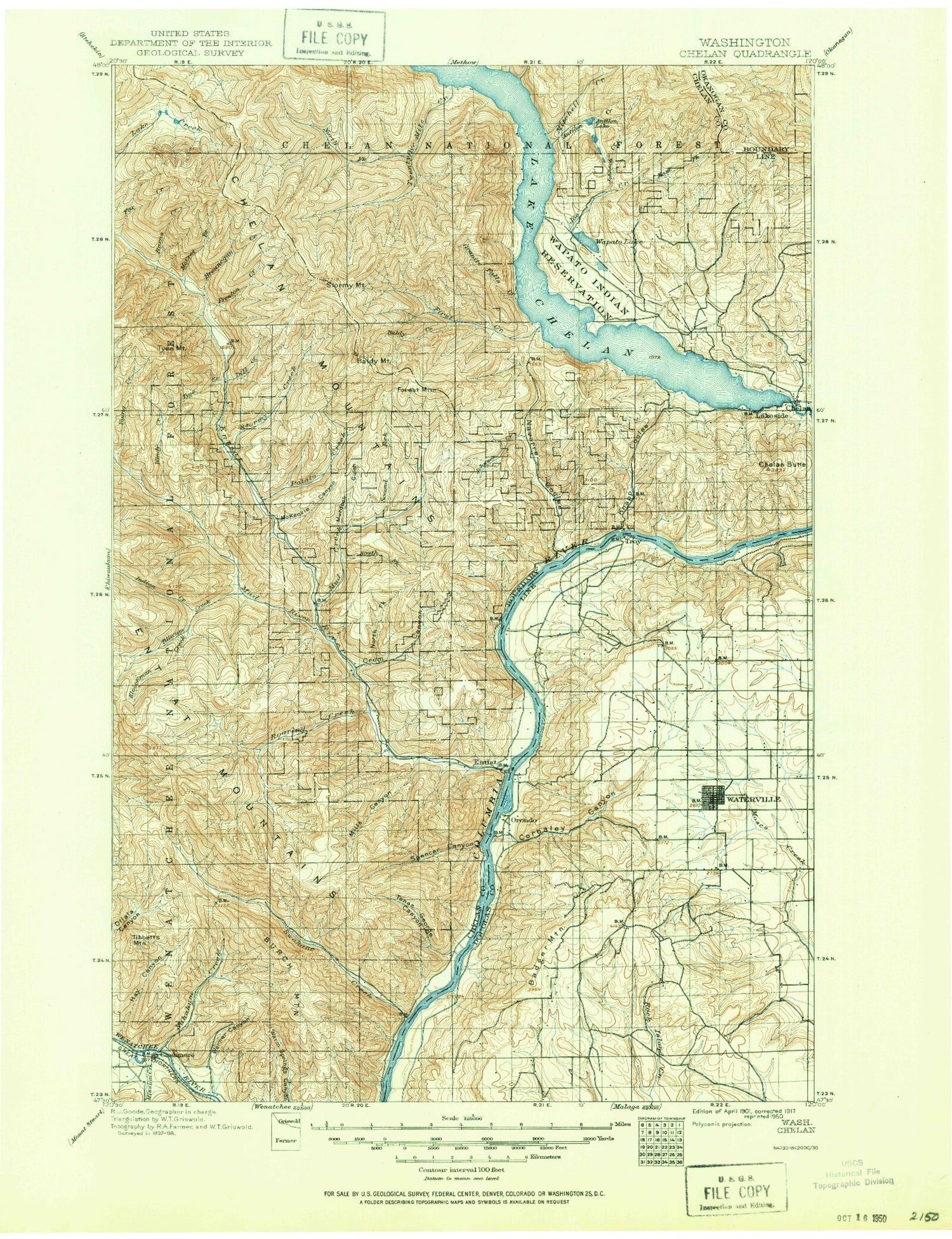 Historic 1901 Chelan Washington 30'x30' Topo Map Image