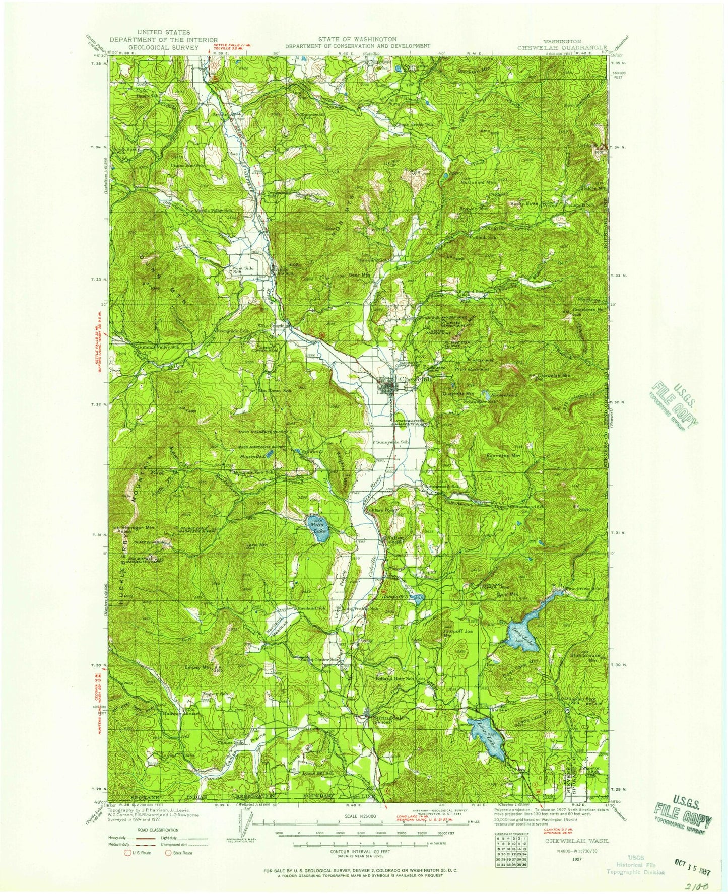 Historic 1927 Chewelah Washington 30'x30' Topo Map Image