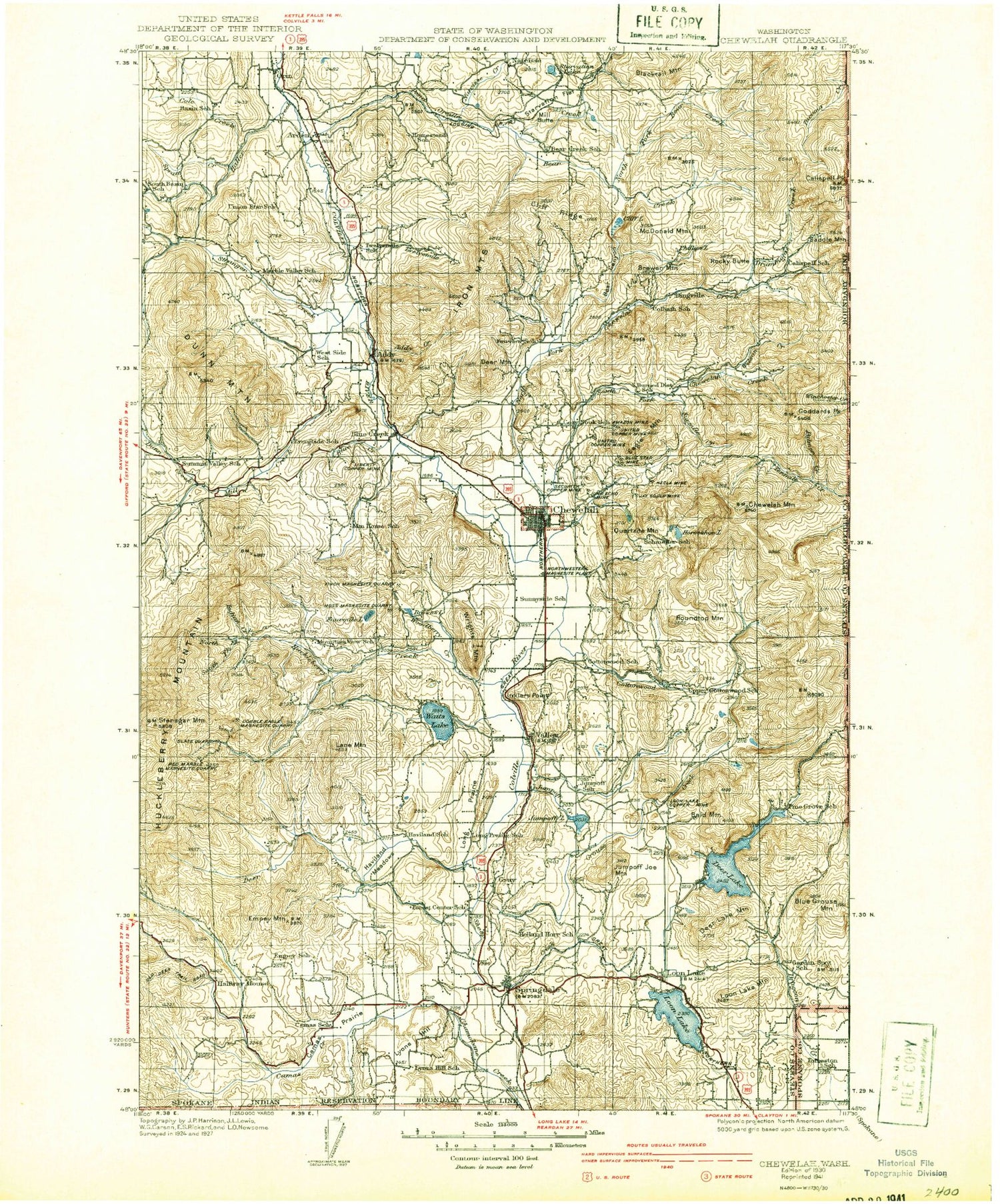 Historic 1930 Chewelah Washington 30'x30' Topo Map Image