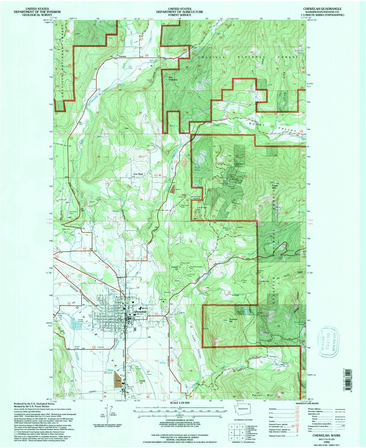 Classic USGS Chewelah Washington 7.5'x7.5' Topo Map Image