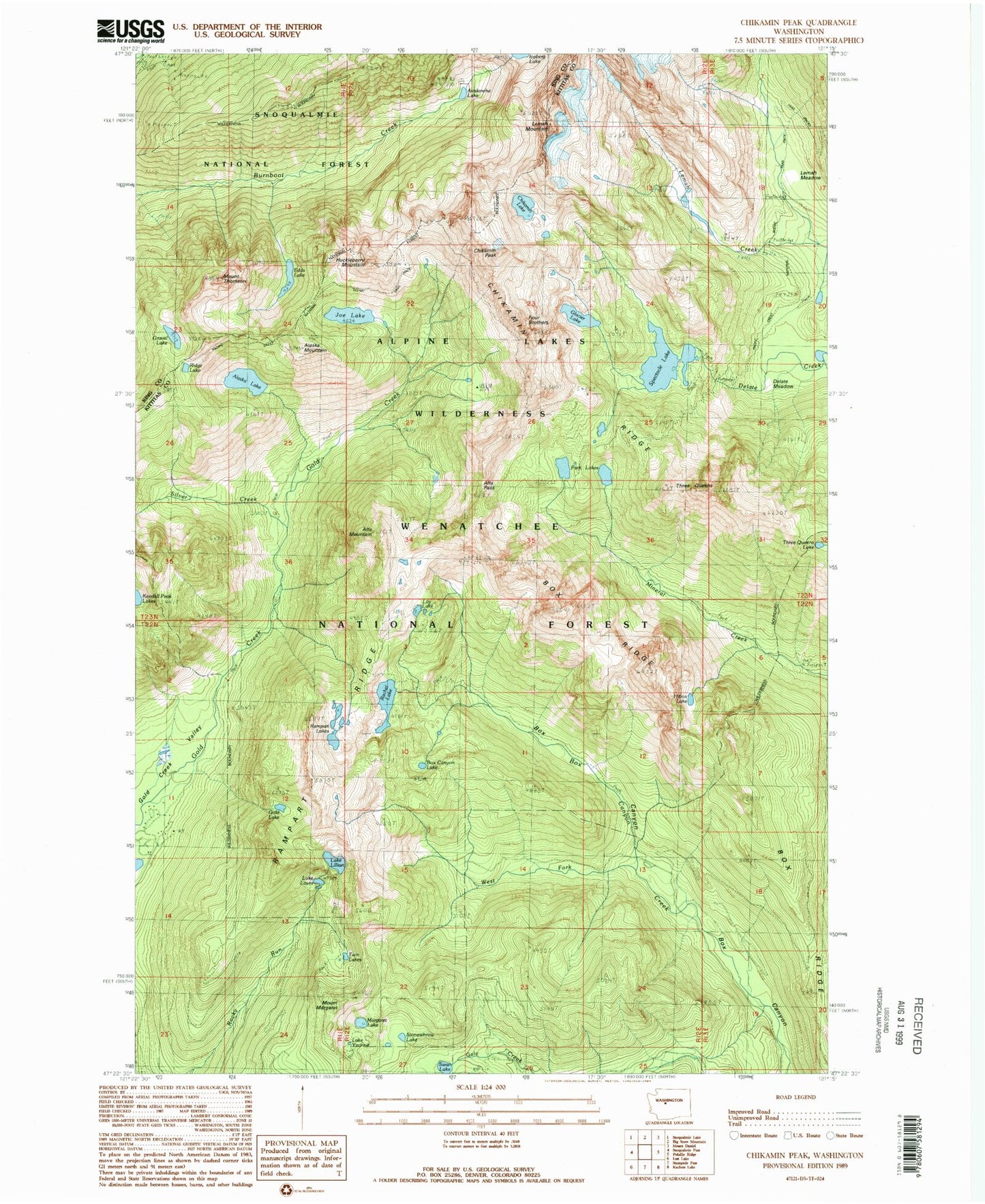 Classic USGS Chikamin Peak Washington 7.5'x7.5' Topo Map Image