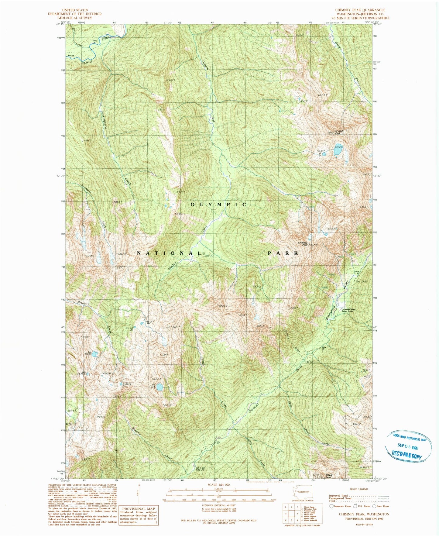 Classic USGS Chimney Peak Washington 7.5'x7.5' Topo Map Image