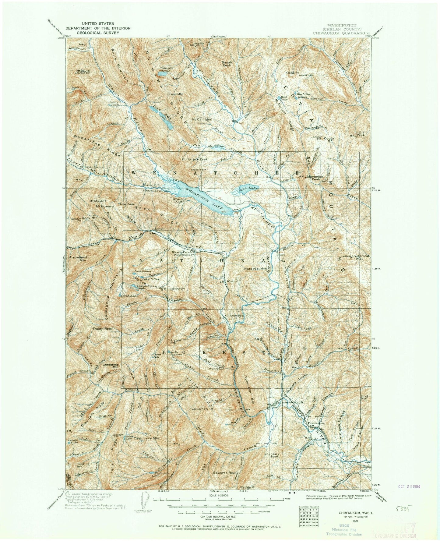 Historic 1901 Chiwaukum Washington 30'x30' Topo Map Image