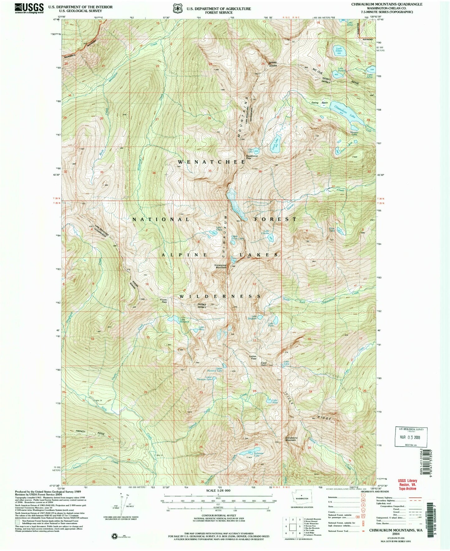 Classic USGS Chiwaukum Mountains Washington 7.5'x7.5' Topo Map Image