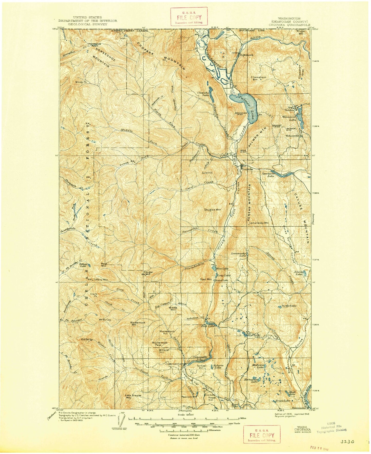 Historic 1906 Chopaka Washington 30'x30' Topo Map Image