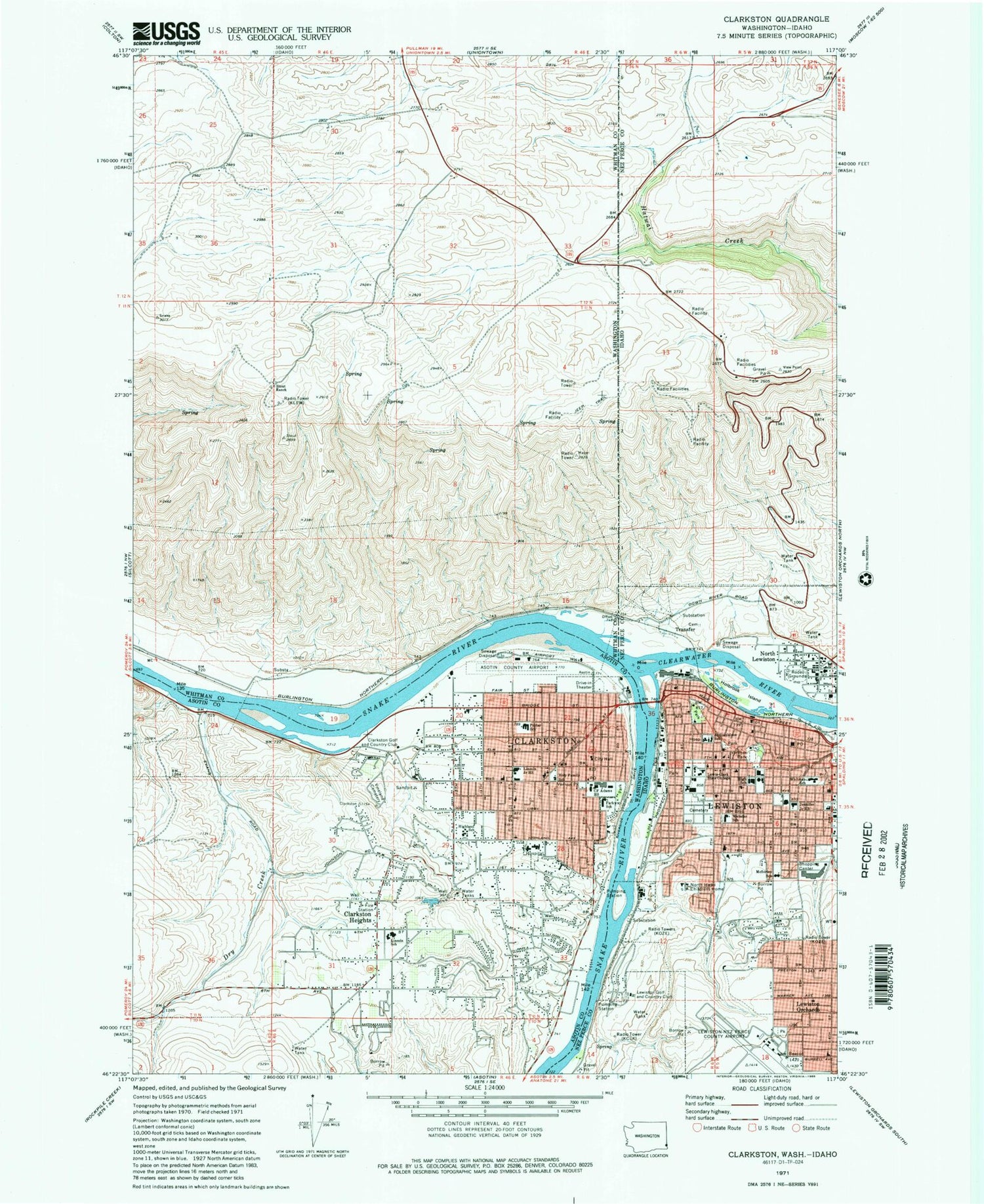 Classic USGS Clarkston Washington 7.5'x7.5' Topo Map Image