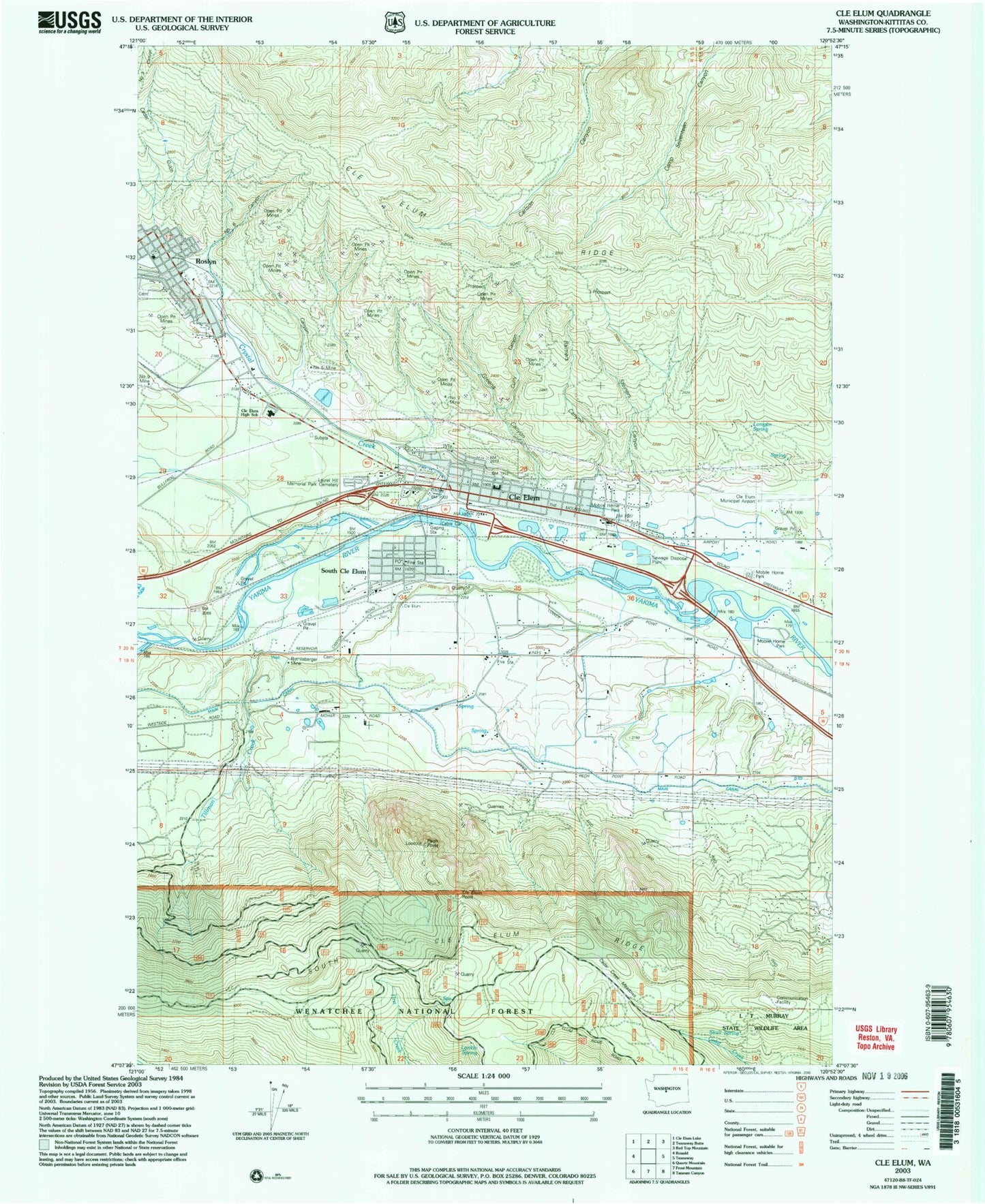 Classic USGS Cle Elum Washington 7.5'x7.5' Topo Map Image