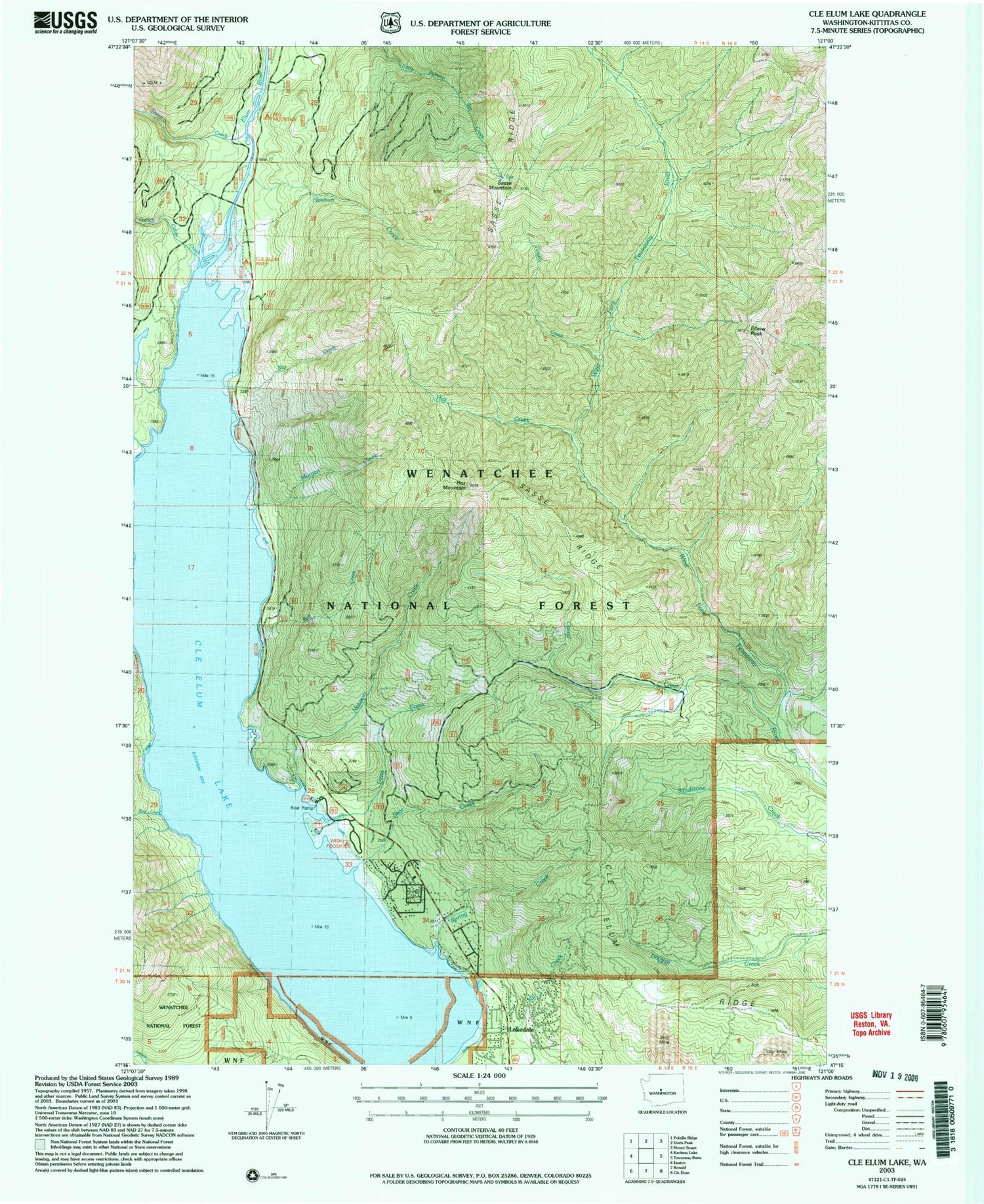 Classic USGS Cle Elum Lake Washington 7.5'x7.5' Topo Map Image