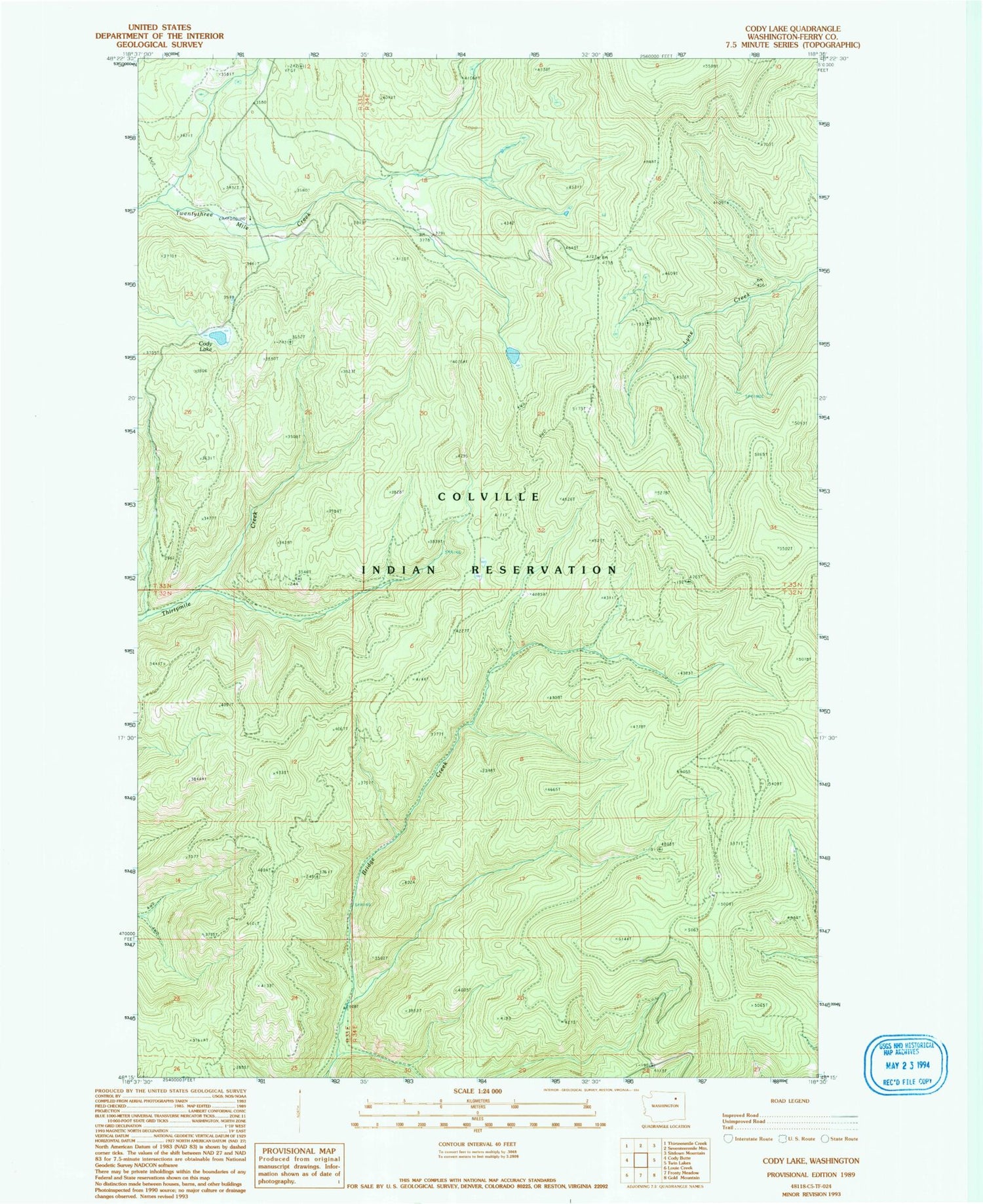 Classic USGS Cody Lake Washington 7.5'x7.5' Topo Map Image