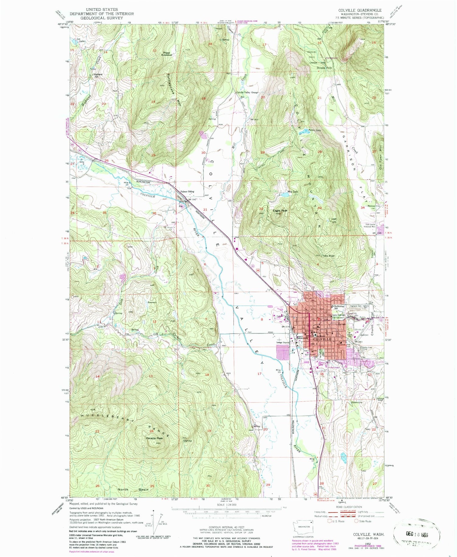Classic USGS Colville Washington 7.5'x7.5' Topo Map Image