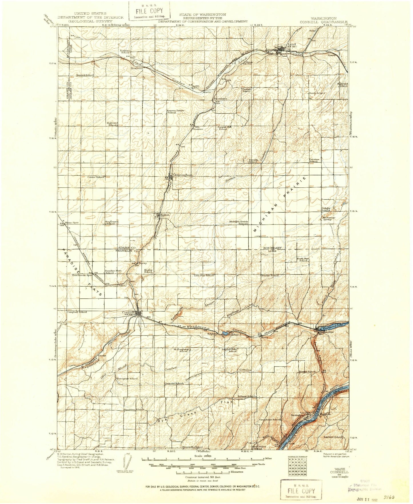 Historic 1916 Connell Washington 30'x30' Topo Map Image